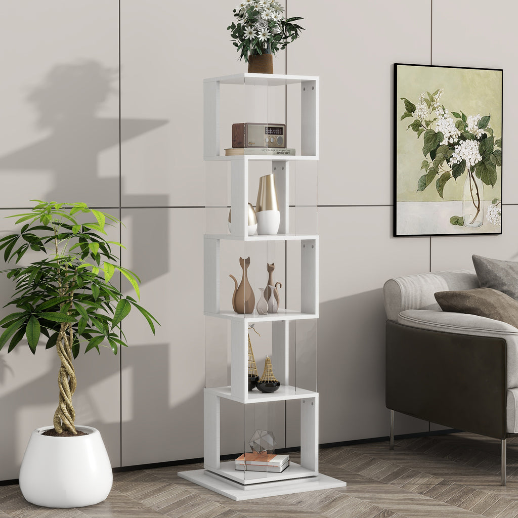 5 tier Rotating Bookshelf, Floor Rack Simple Bookcase with Acrylic plate Student Multi-Function Creative Bookshelf for Living Room with anti-toppling base