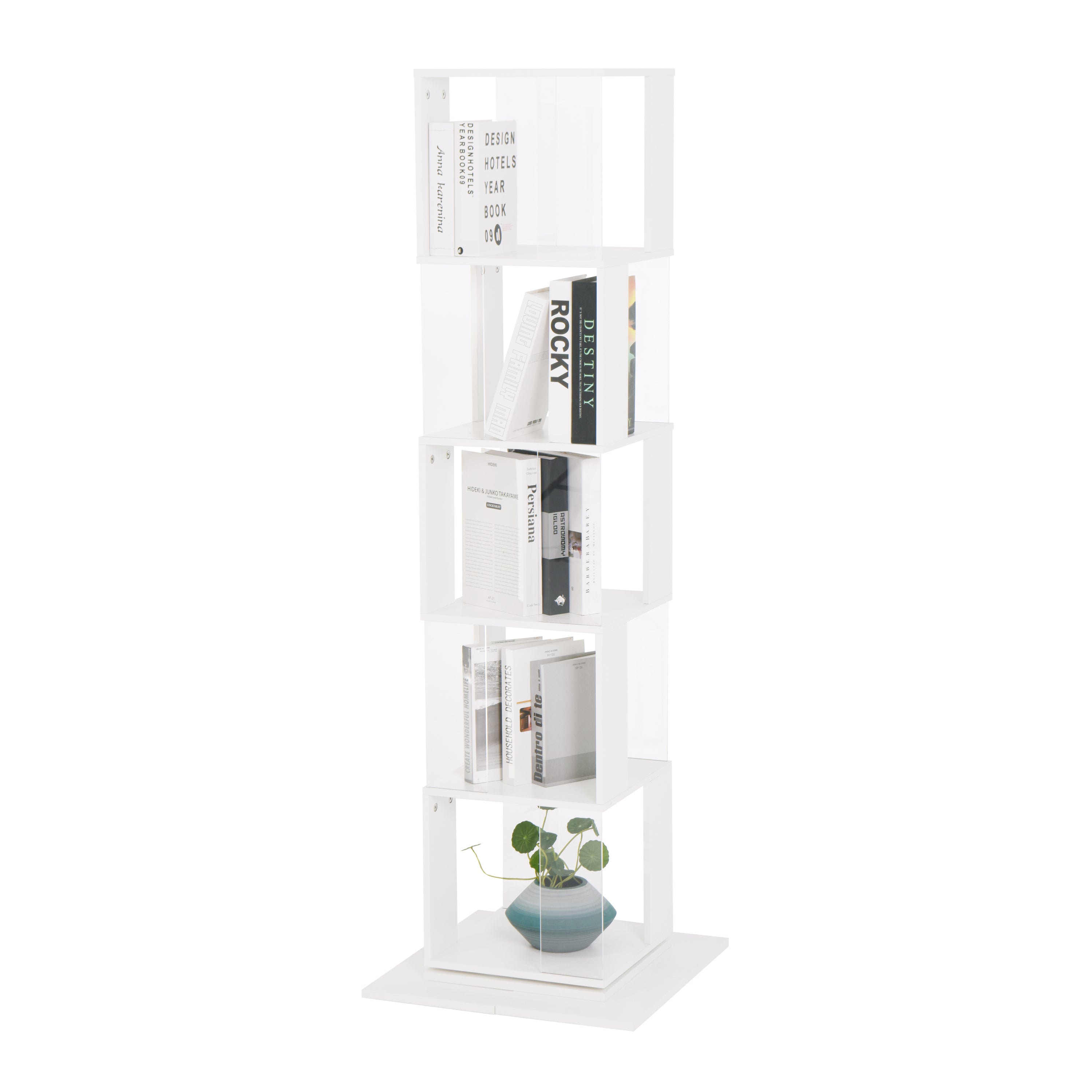 5 tier Rotating Bookshelf, Floor Rack Simple Bookcase with Acrylic plate Student Multi-Function Creative Bookshelf for Living Room with anti-toppling base