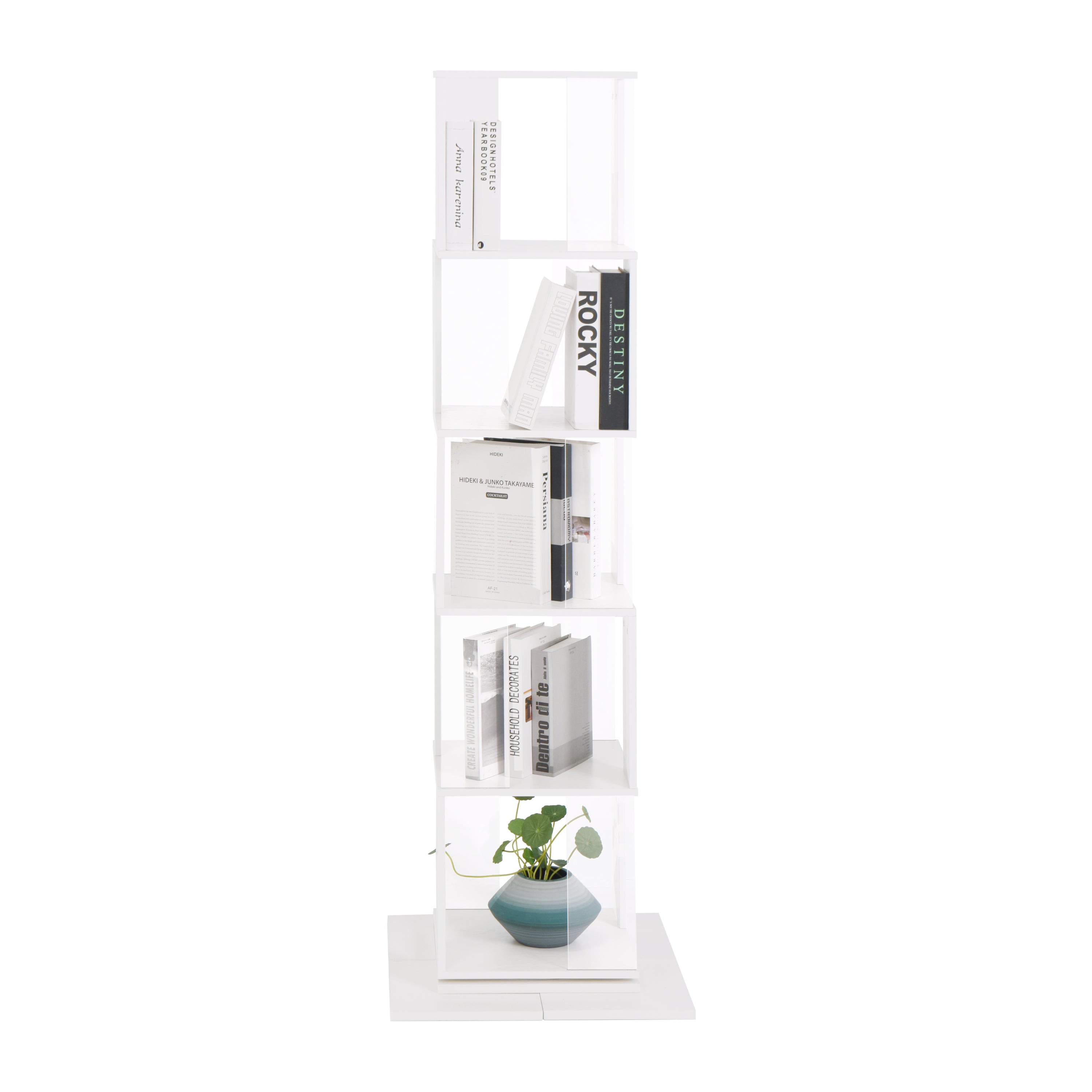 5 tier Rotating Bookshelf, Floor Rack Simple Bookcase with Acrylic plate Student Multi-Function Creative Bookshelf for Living Room with anti-toppling base