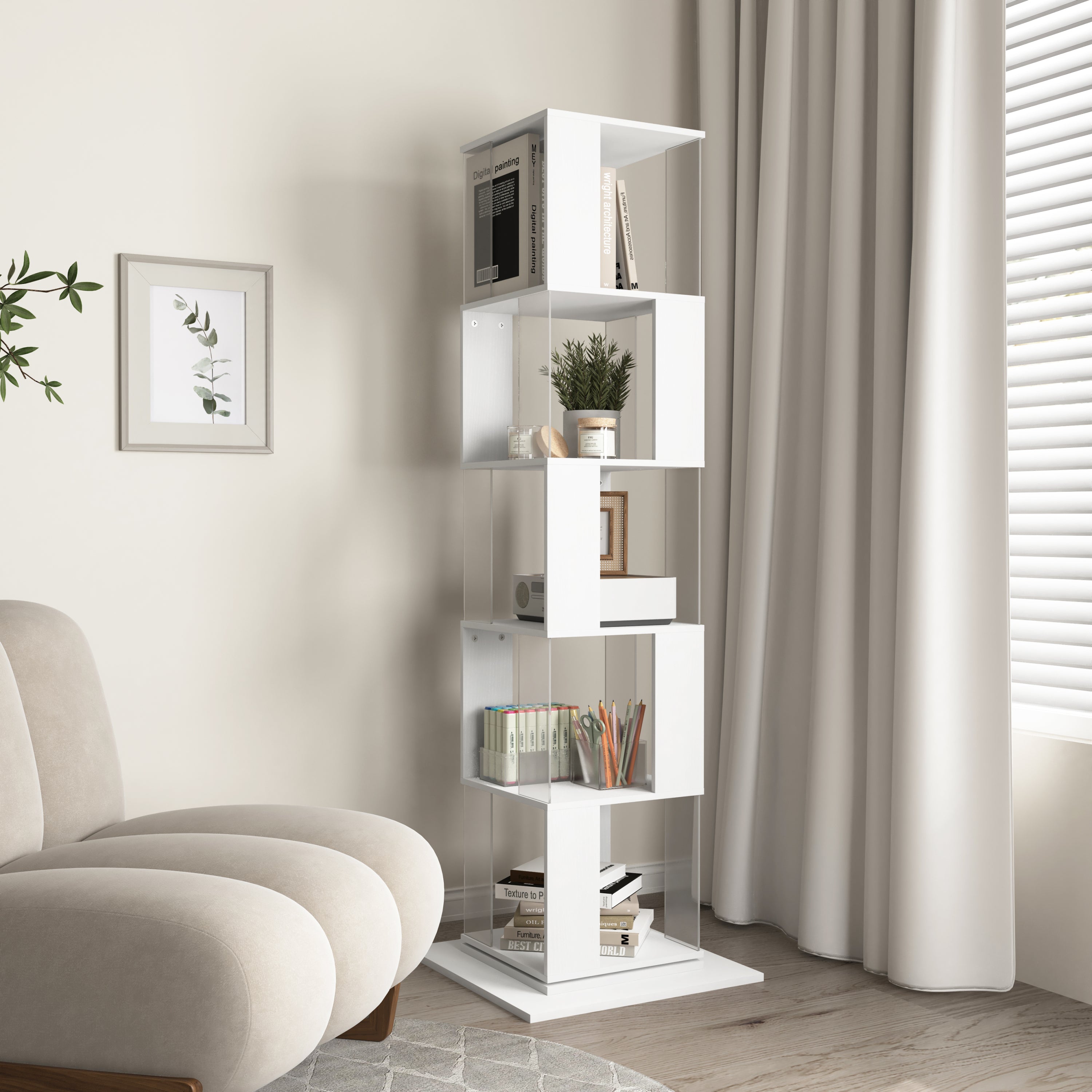 5 tier Rotating Bookshelf, Floor Rack Simple Bookcase with Acrylic plate Student Multi-Function Creative Bookshelf for Living Room with anti-toppling base