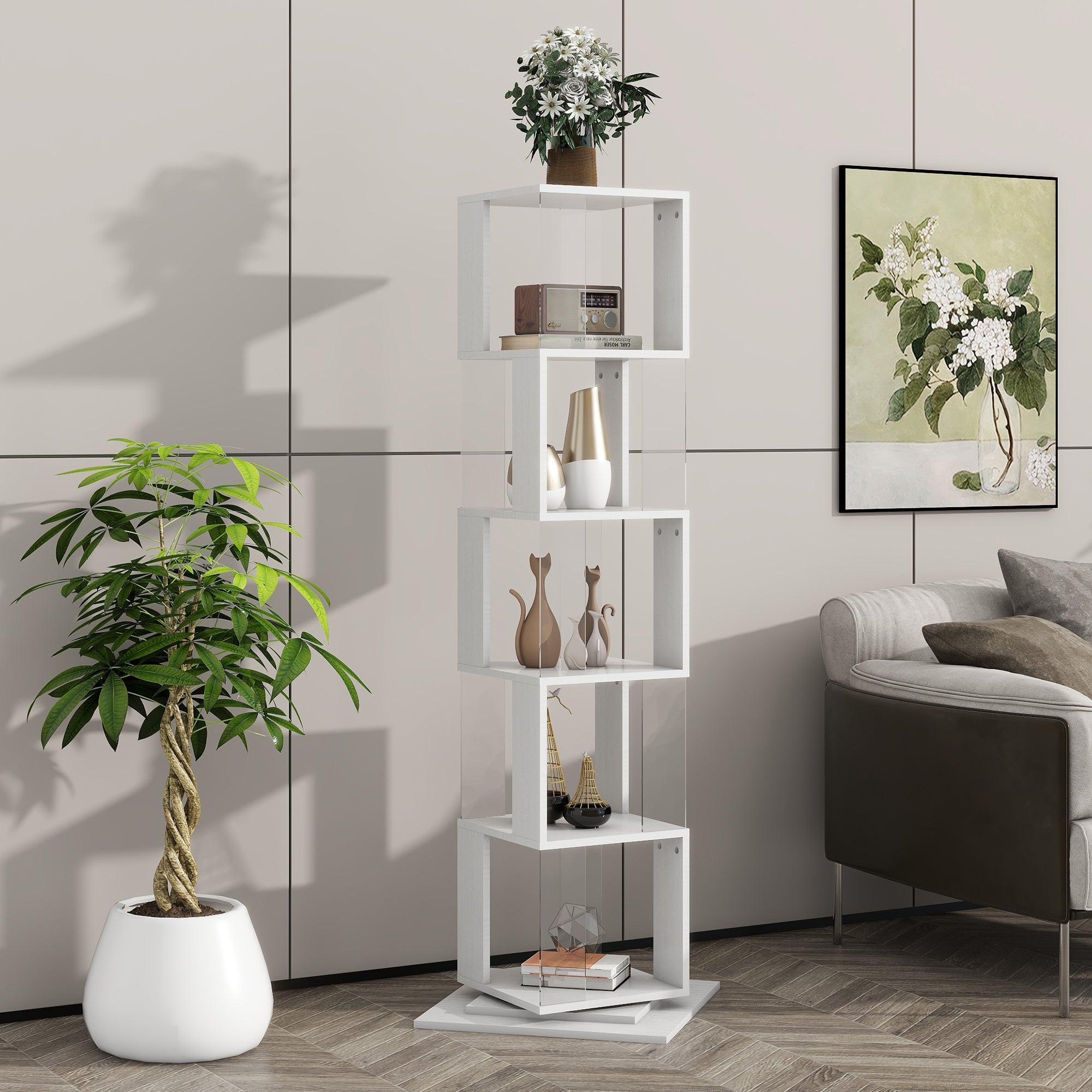 5 tier Rotating Bookshelf, Floor Rack Simple Bookcase with Acrylic plate Student Multi-Function Creative Bookshelf for Living Room with anti-toppling base