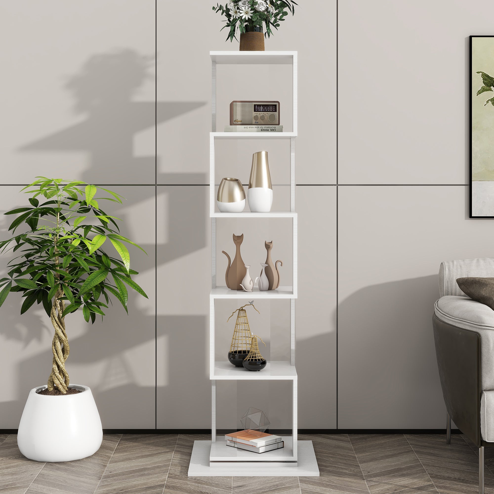 5 tier Rotating Bookshelf, Floor Rack Simple Bookcase with Acrylic plate Student Multi-Function Creative Bookshelf for Living Room with anti-toppling base