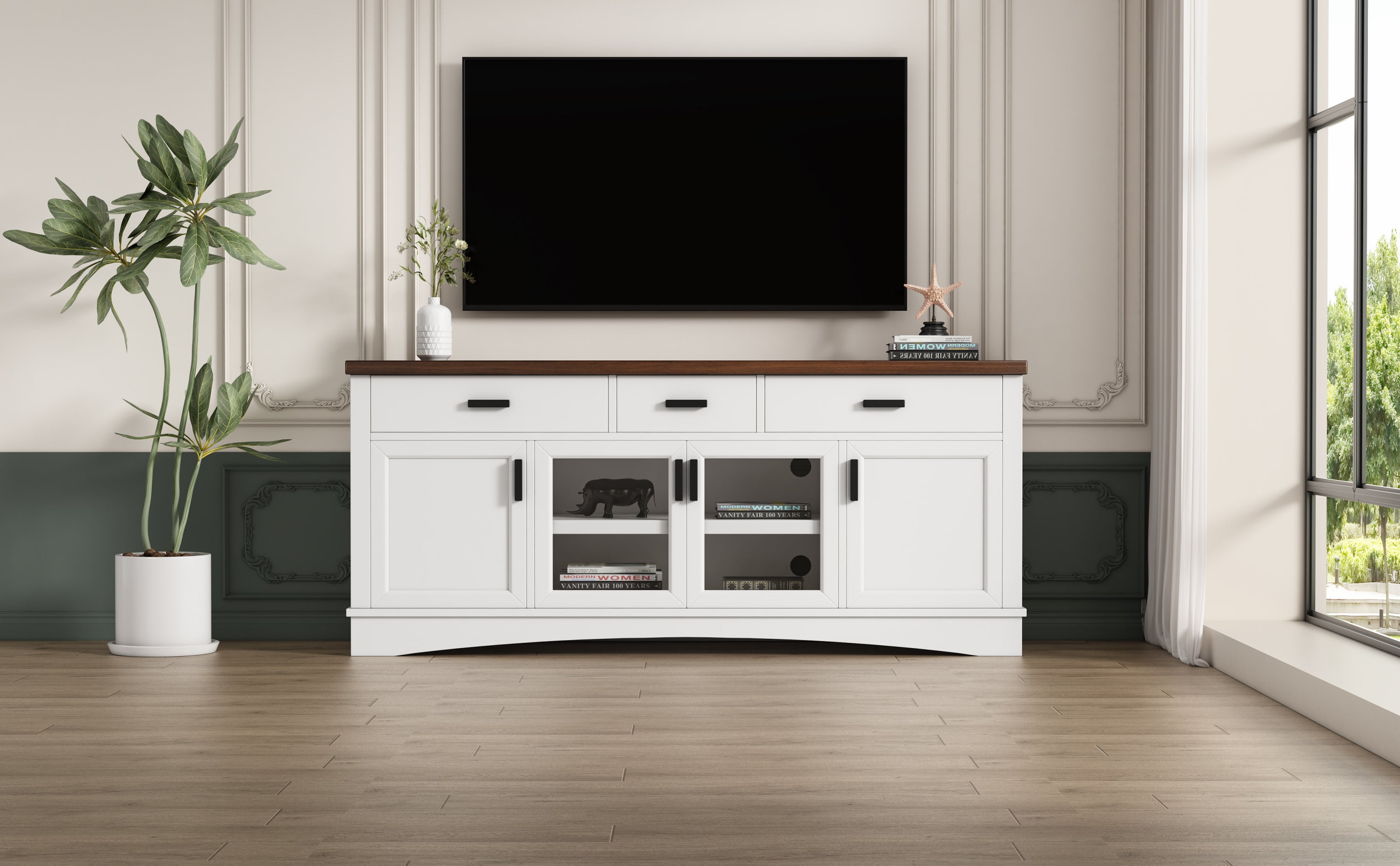 Modern White TV Console, 67' Width TV Stand, Glass Doors & Storage Drawers, Adjustable Shelves