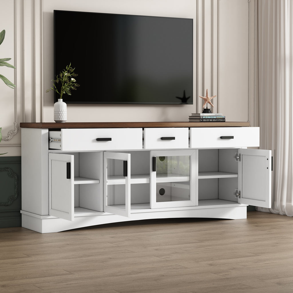 Modern White TV Console, 67' Width TV Stand, Glass Doors & Storage Drawers, Adjustable Shelves