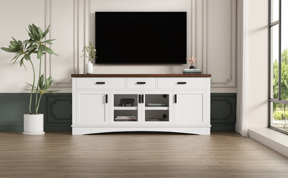 Modern White TV Console, 67' Width TV Stand, Glass Doors & Storage Drawers, Adjustable Shelves