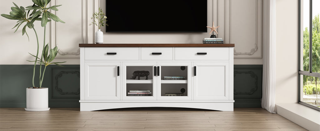 Modern White TV Console, 67' Width TV Stand, Glass Doors & Storage Drawers, Adjustable Shelves