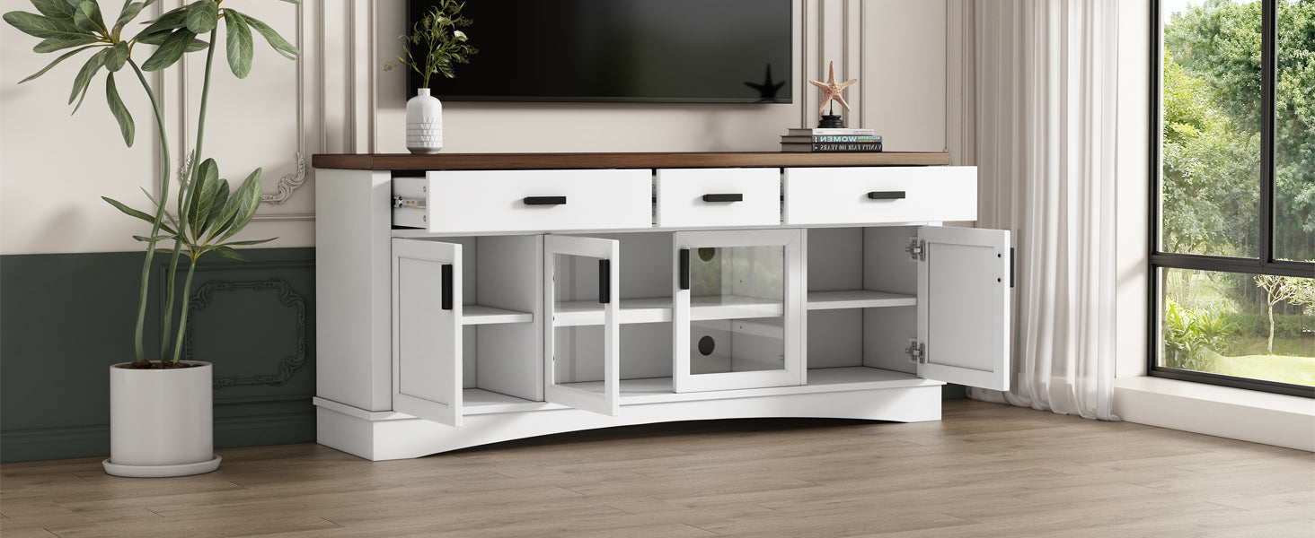 Modern White TV Console, 67' Width TV Stand, Glass Doors & Storage Drawers, Adjustable Shelves