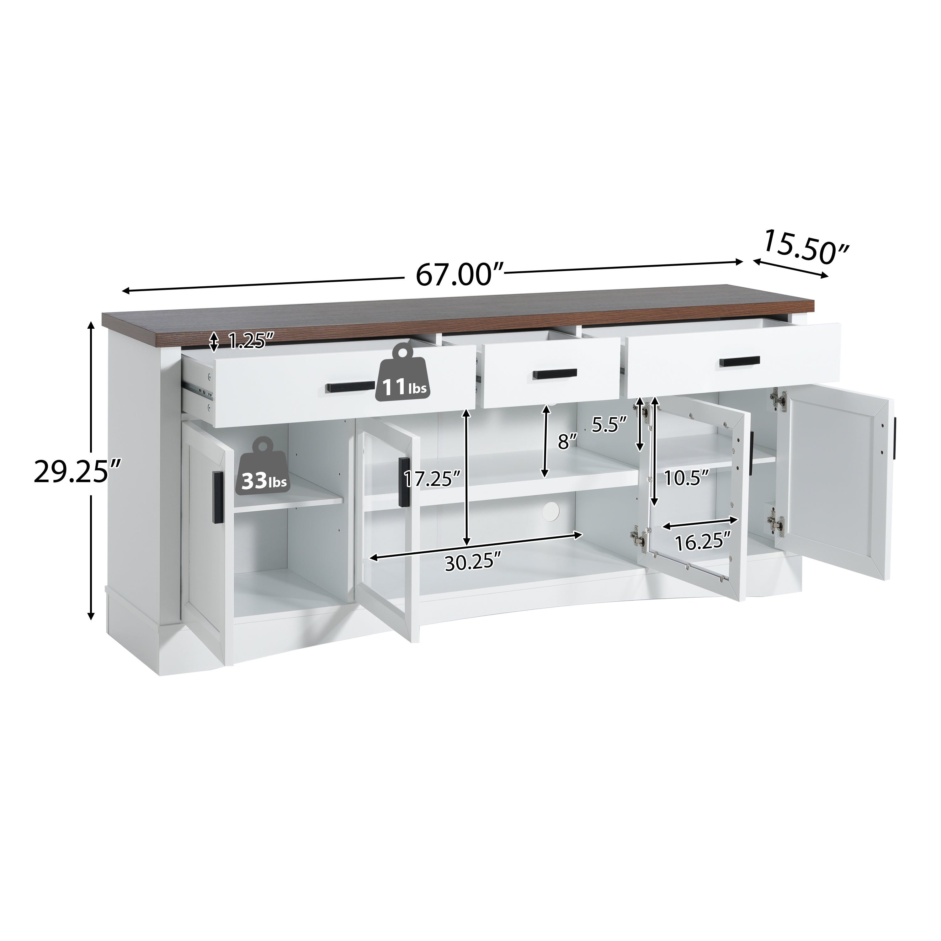 Modern White TV Console, 67' Width TV Stand, Glass Doors & Storage Drawers, Adjustable Shelves