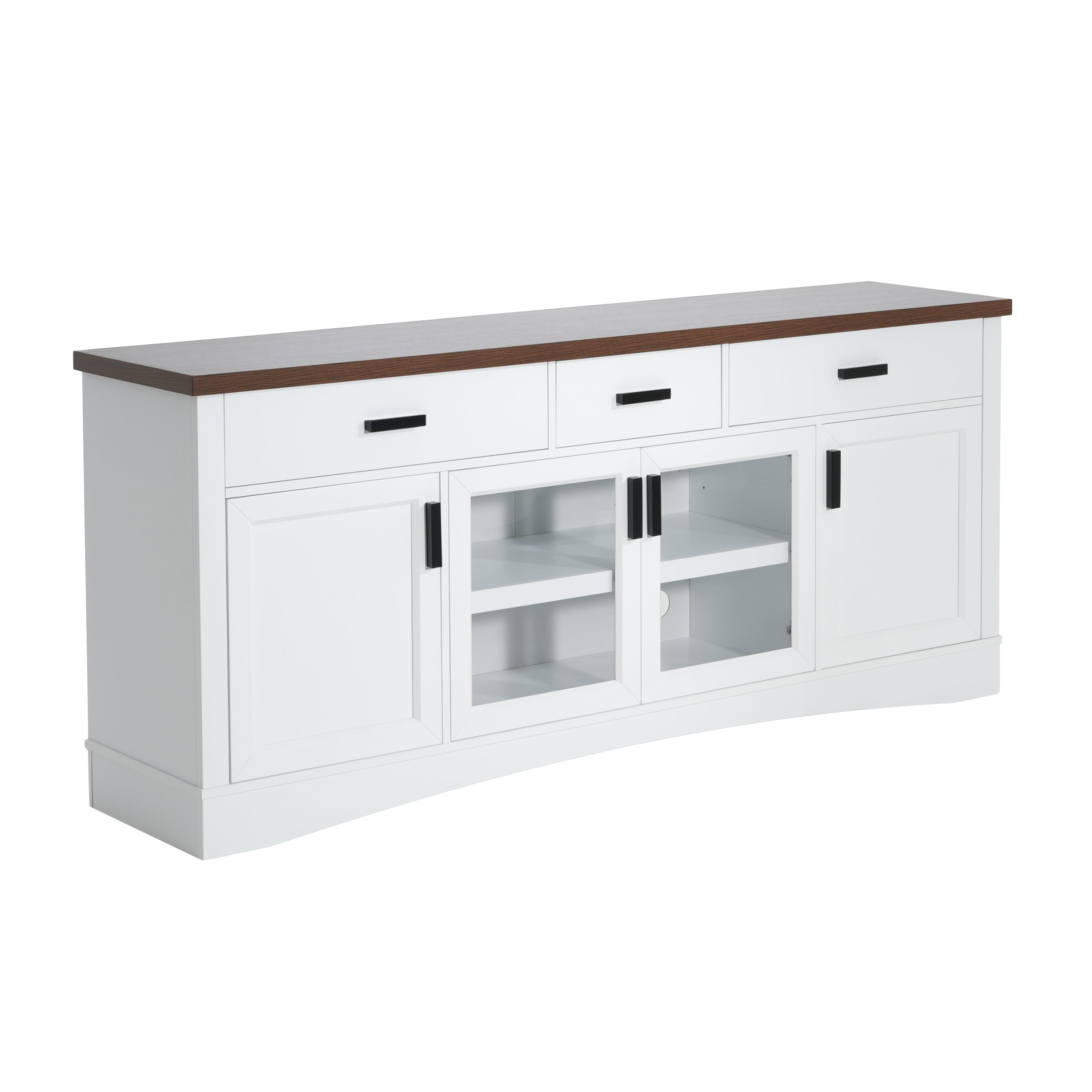 Modern White TV Console, 67' Width TV Stand, Glass Doors & Storage Drawers, Adjustable Shelves