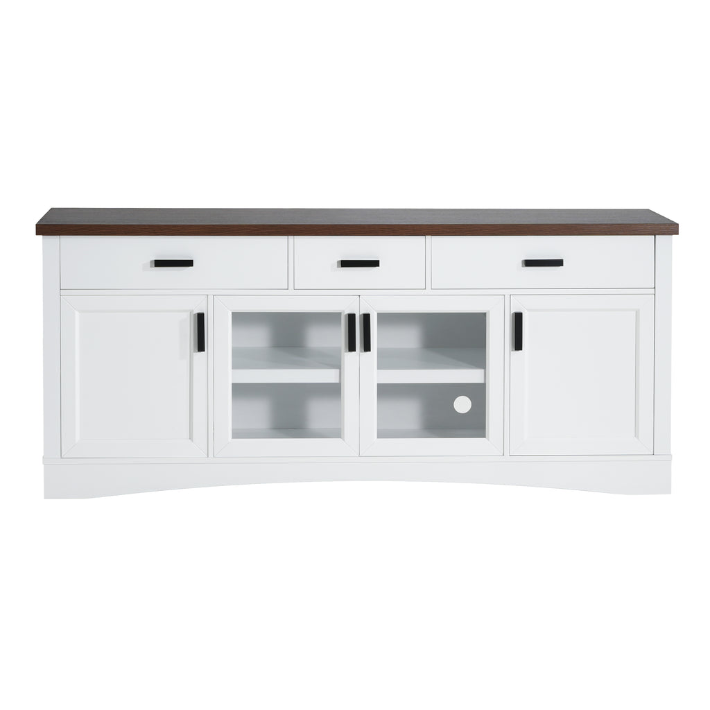Modern White TV Console, 67' Width TV Stand, Glass Doors & Storage Drawers, Adjustable Shelves