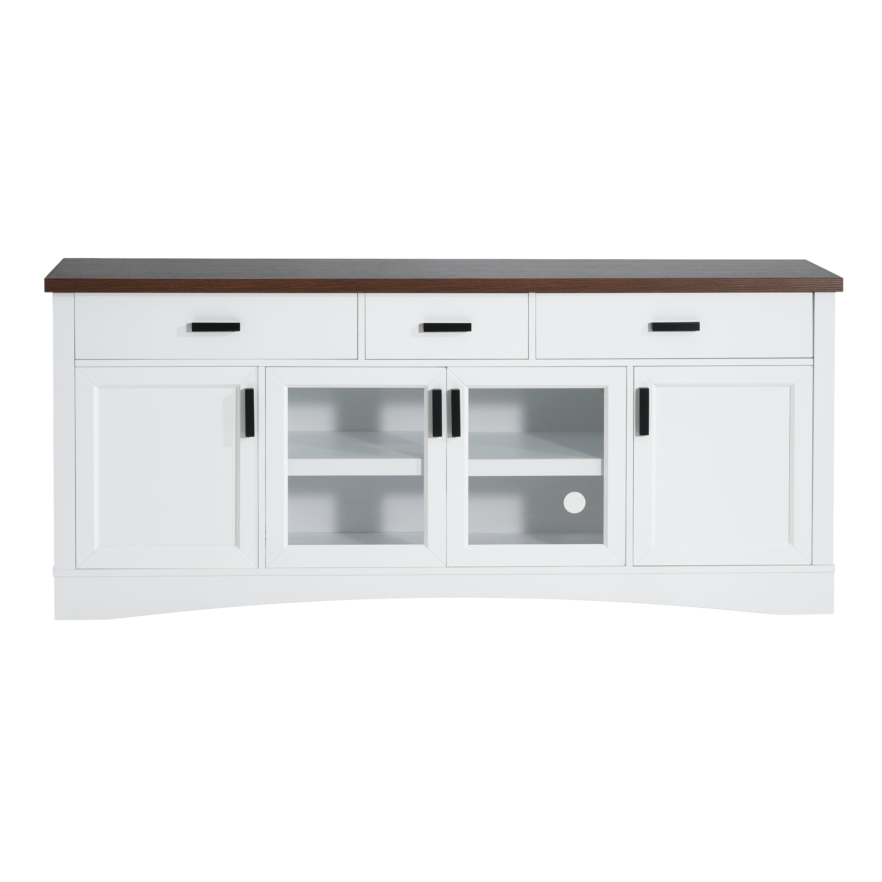 Modern White TV Console, 67' Width TV Stand, Glass Doors & Storage Drawers, Adjustable Shelves