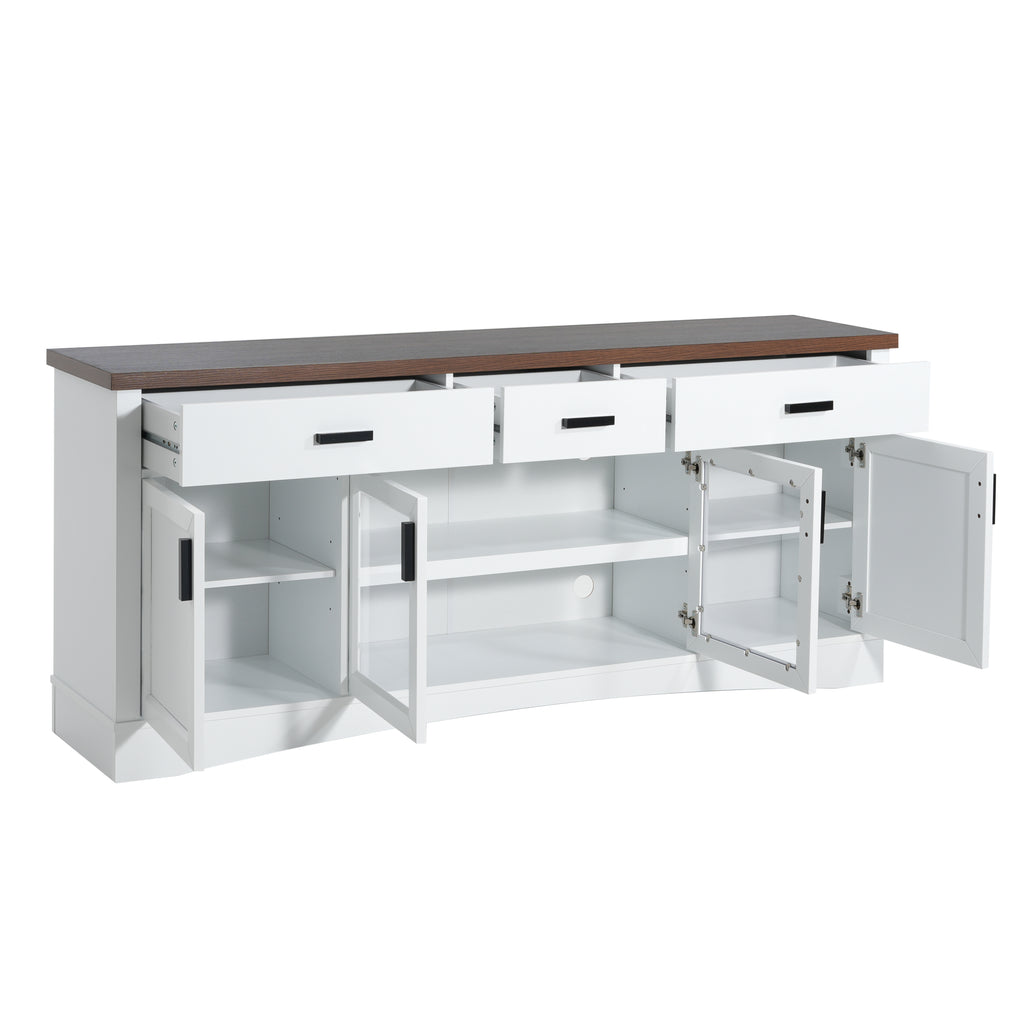 Modern White TV Console, 67' Width TV Stand, Glass Doors & Storage Drawers, Adjustable Shelves