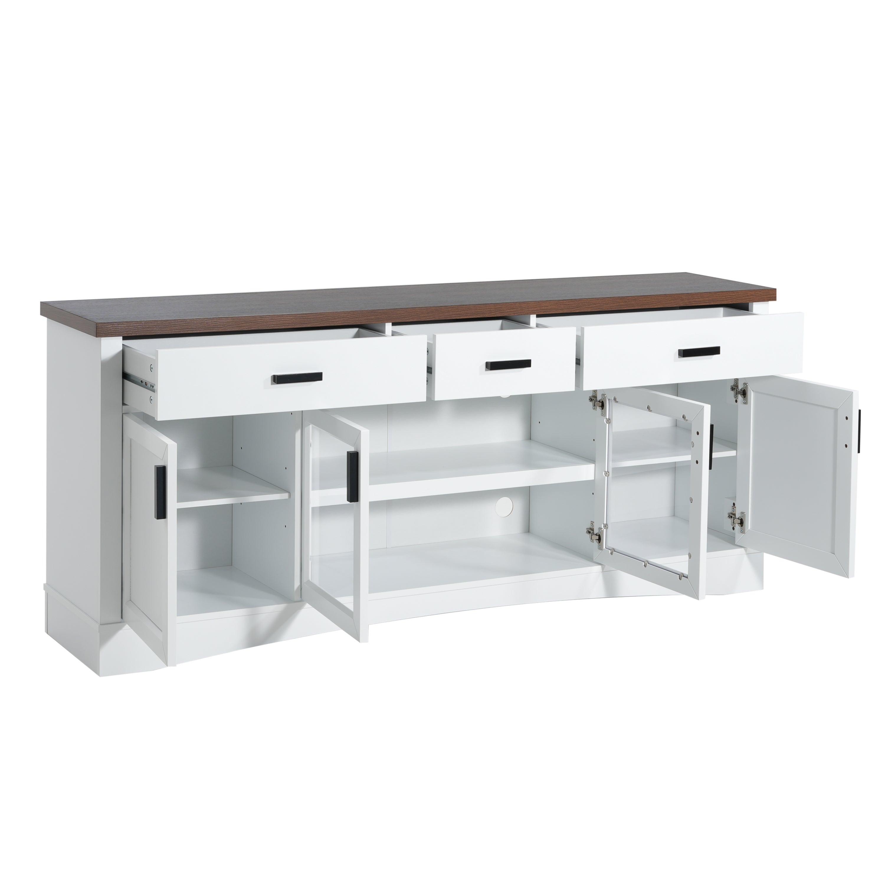 Modern White TV Console, 67' Width TV Stand, Glass Doors & Storage Drawers, Adjustable Shelves