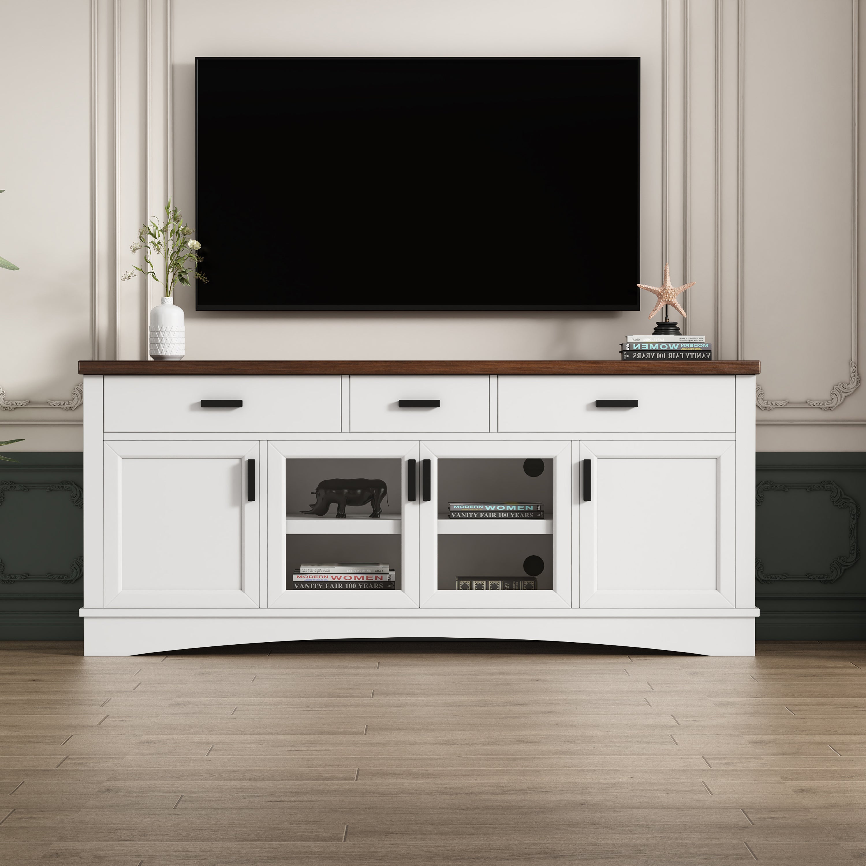Modern White TV Console, 67' Width TV Stand, Glass Doors & Storage Drawers, Adjustable Shelves