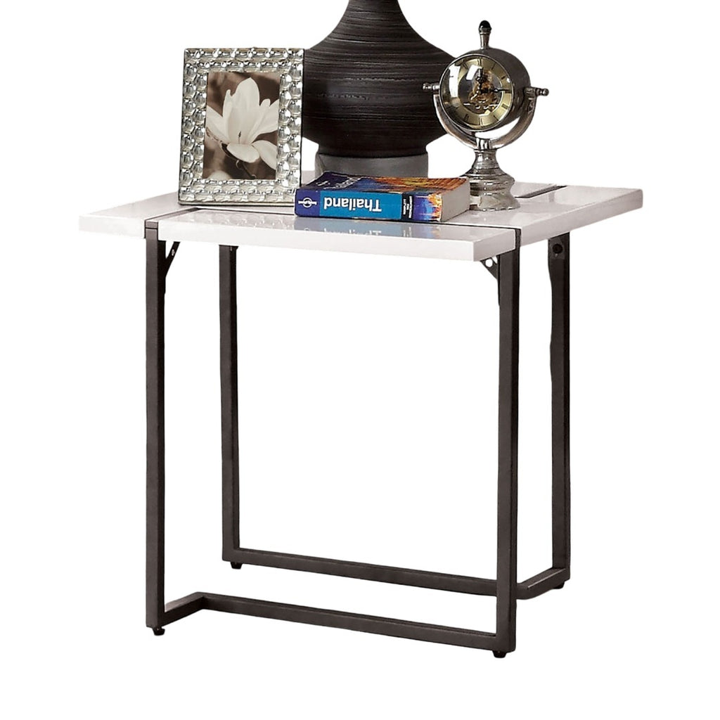 Contemporary Style Modern End Table Lacquer Top Metal Legs Extending Out On The Table Top Two Tone And Steel Structure White And Gun Metal Finish Coffee Table-Not Included