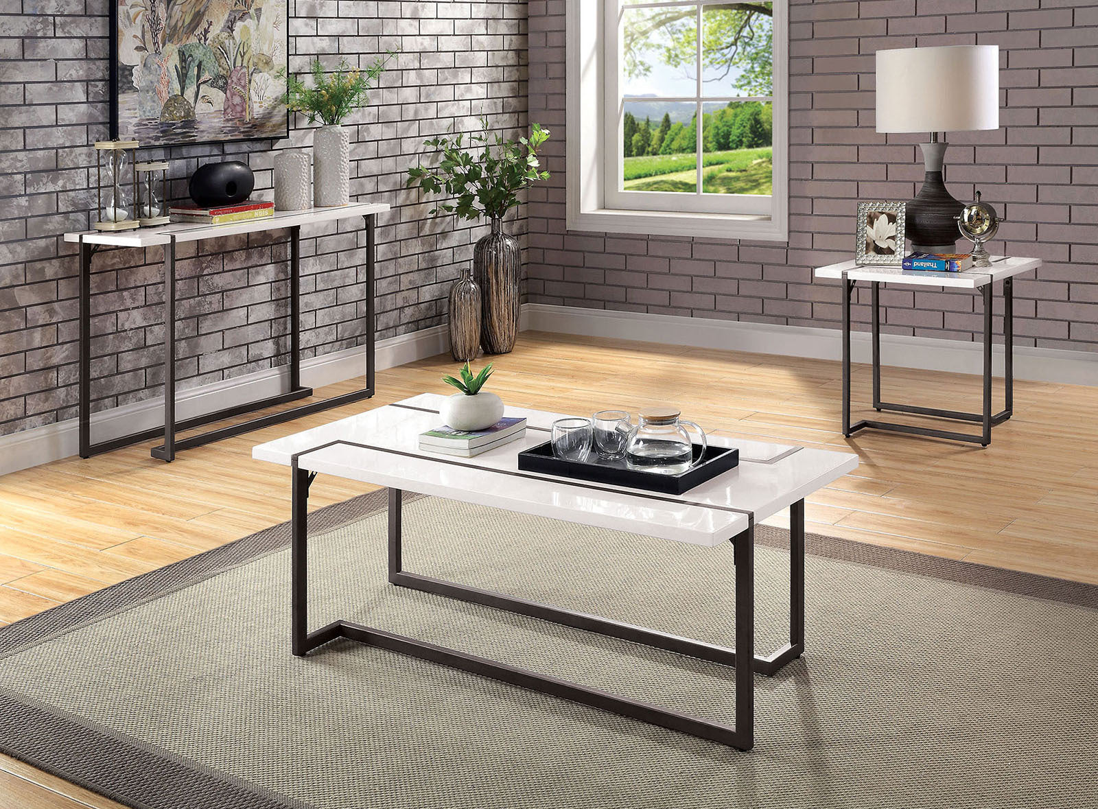 Contemporary Style Modern End Table Lacquer Top Metal Legs Extending Out On The Table Top Two Tone And Steel Structure White And Gun Metal Finish Coffee Table-Not Included