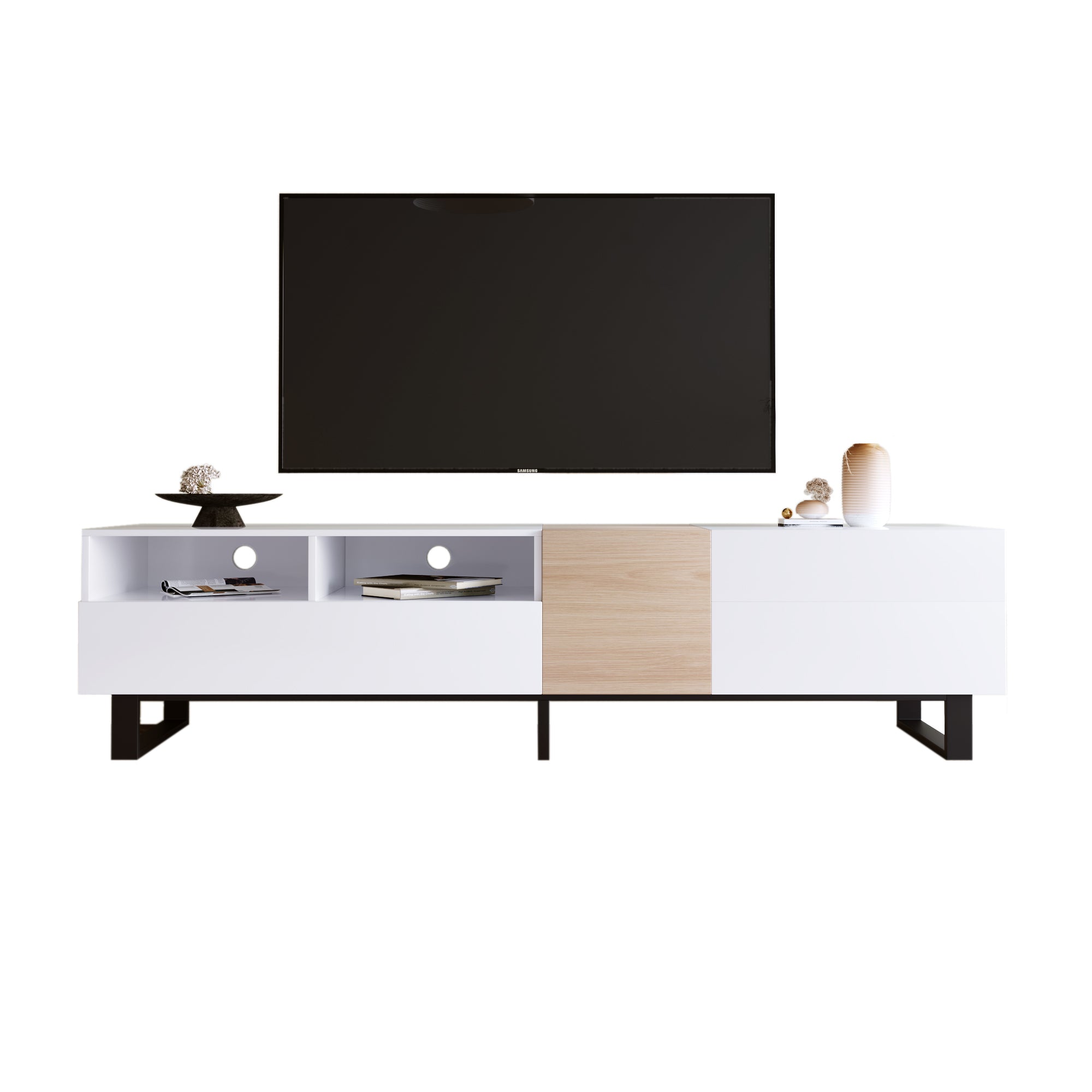 Modern TV Stand for 80'' TV with Double Storage Space, Media Console Table, Entertainment Center with Drop Down Door for Living Room, Bedroom, Home Theatre - Groovy Boardz