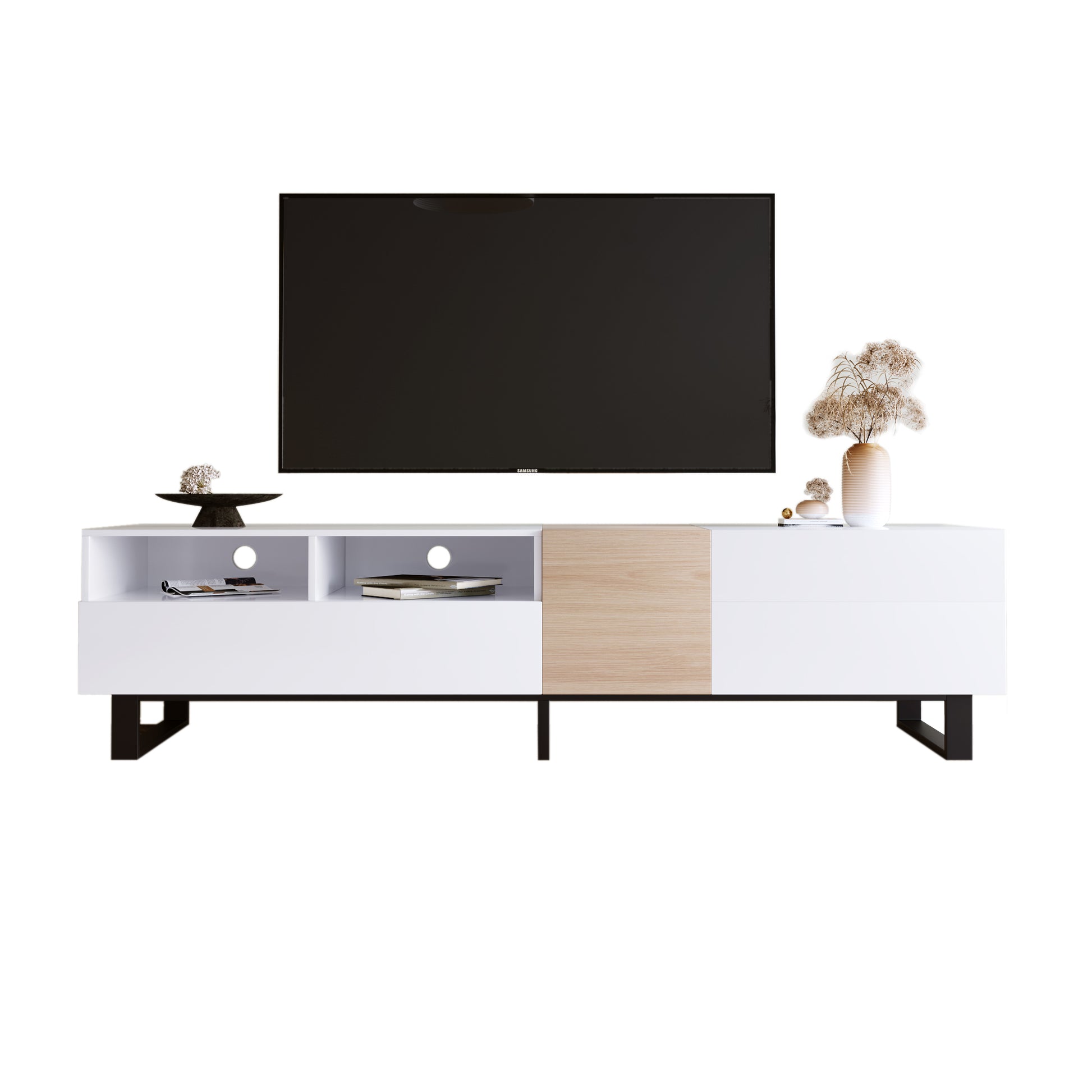 Modern TV Stand for 80'' TV with Double Storage Space, Media Console Table, Entertainment Center with Drop Down Door for Living Room, Bedroom, Home Theatre - Groovy Boardz