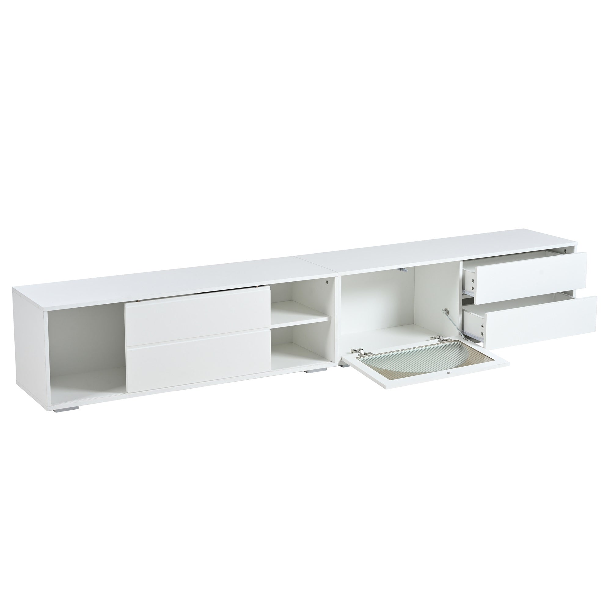 ON-TREND Modern TV Stand with Fluted Glass Door for TVs Up to 100, Media Console with Sliding Door & 2 Drawers, Free-Combination Entertainment Center with LED Light for Living Room, Bedroom, White