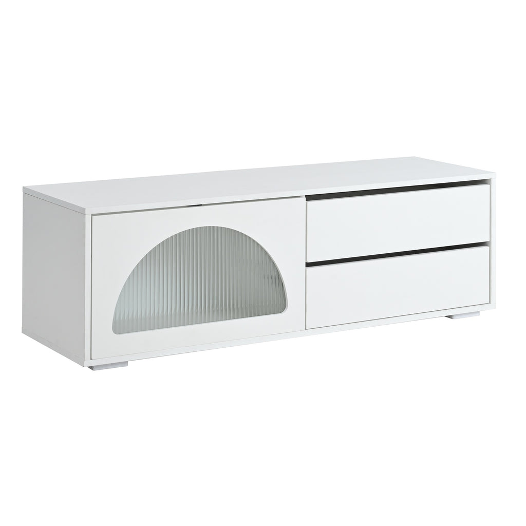 ON-TREND Modern TV Stand with Fluted Glass Door for TVs Up to 100, Media Console with Sliding Door & 2 Drawers, Free-Combination Entertainment Center with LED Light for Living Room, Bedroom, White