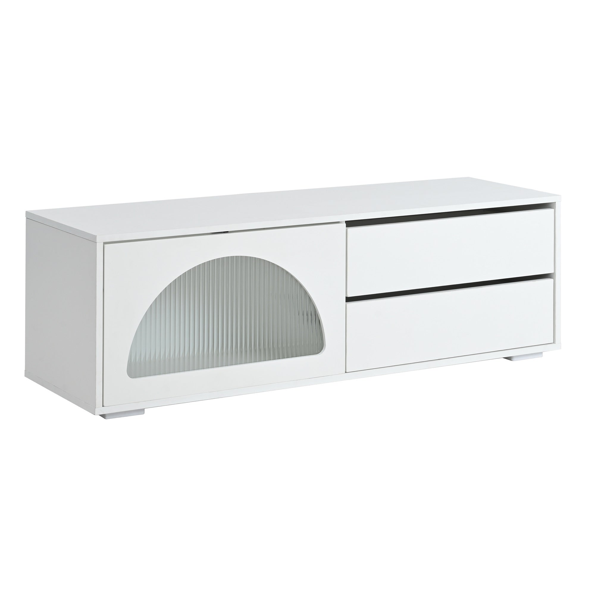 ON-TREND Modern TV Stand with Fluted Glass Door for TVs Up to 100, Media Console with Sliding Door & 2 Drawers, Free-Combination Entertainment Center with LED Light for Living Room, Bedroom, White