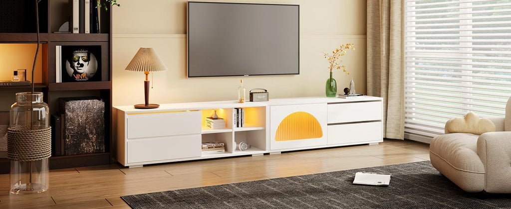 ON-TREND Modern TV Stand with Fluted Glass Door for TVs Up to 100, Media Console with Sliding Door & 2 Drawers, Free-Combination Entertainment Center with LED Light for Living Room, Bedroom, White