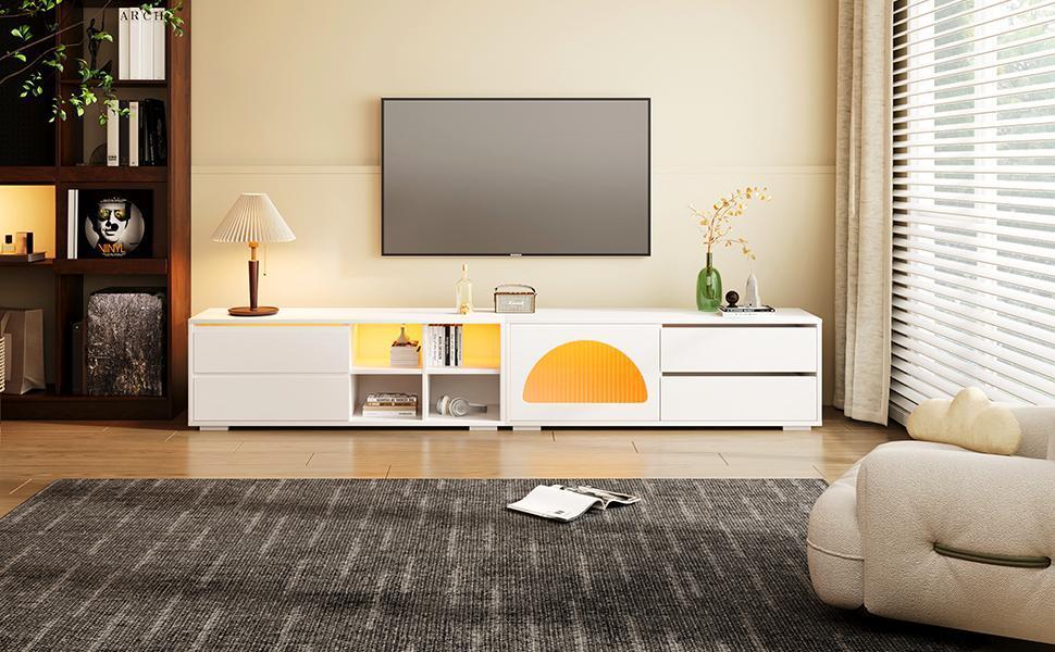 ON-TREND Modern TV Stand with Fluted Glass Door for TVs Up to 100, Media Console with Sliding Door & 2 Drawers, Free-Combination Entertainment Center with LED Light for Living Room, Bedroom, White