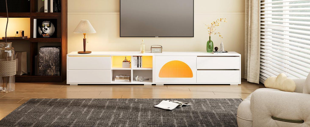 ON-TREND Modern TV Stand with Fluted Glass Door for TVs Up to 100, Media Console with Sliding Door & 2 Drawers, Free-Combination Entertainment Center with LED Light for Living Room, Bedroom, White