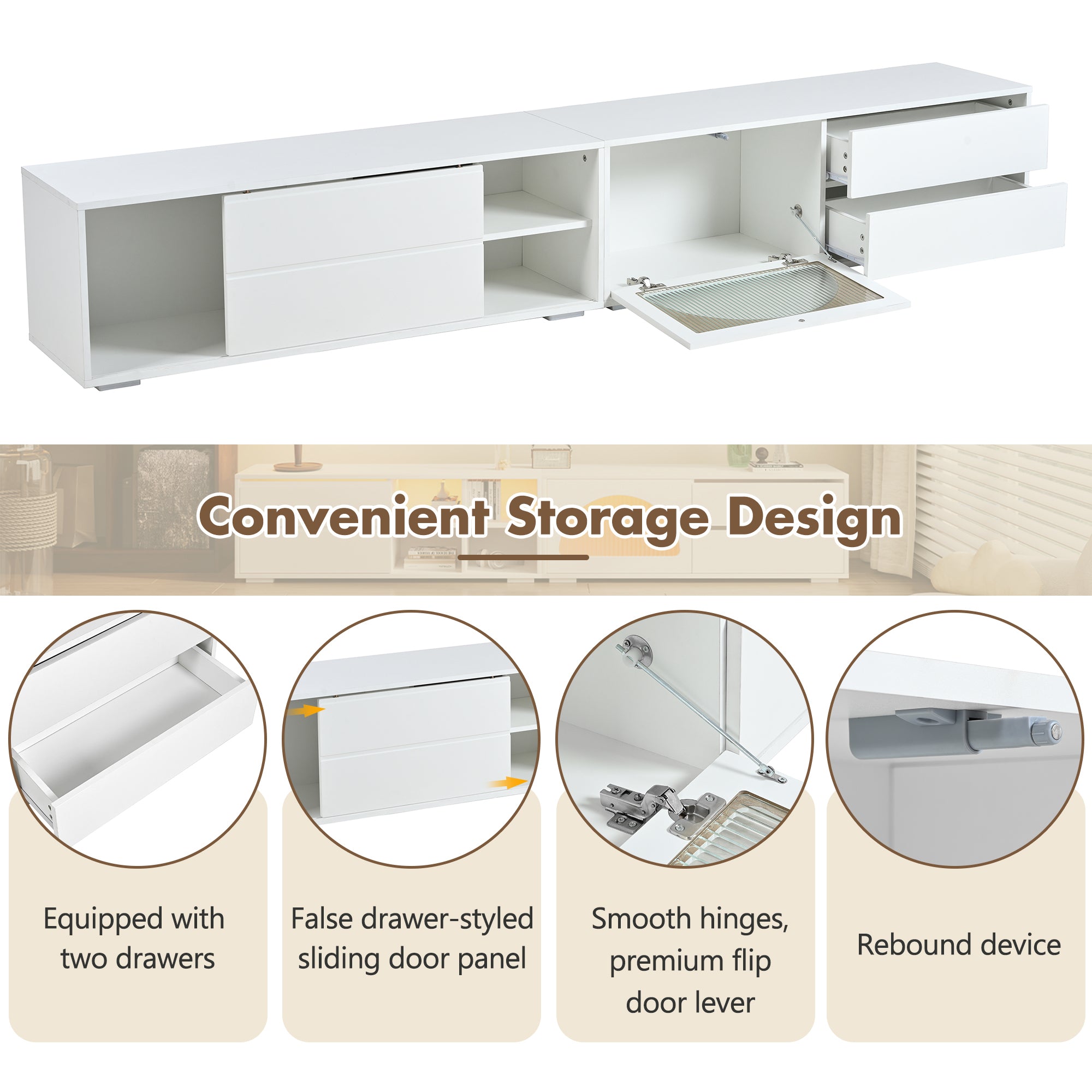 ON-TREND Modern TV Stand with Fluted Glass Door for TVs Up to 100, Media Console with Sliding Door & 2 Drawers, Free-Combination Entertainment Center with LED Light for Living Room, Bedroom, White