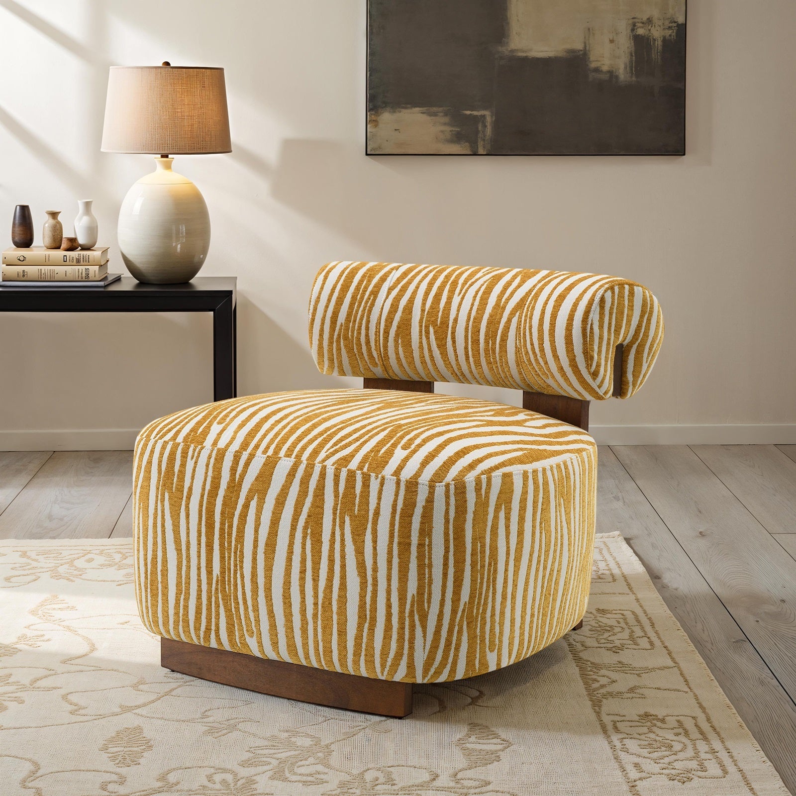 Contemporary Style 1pc Accent Chair Cylindrical Backrest High Density Foam Zebra Strip Fabric Yellow Finish Primary Living Room Accent Chair