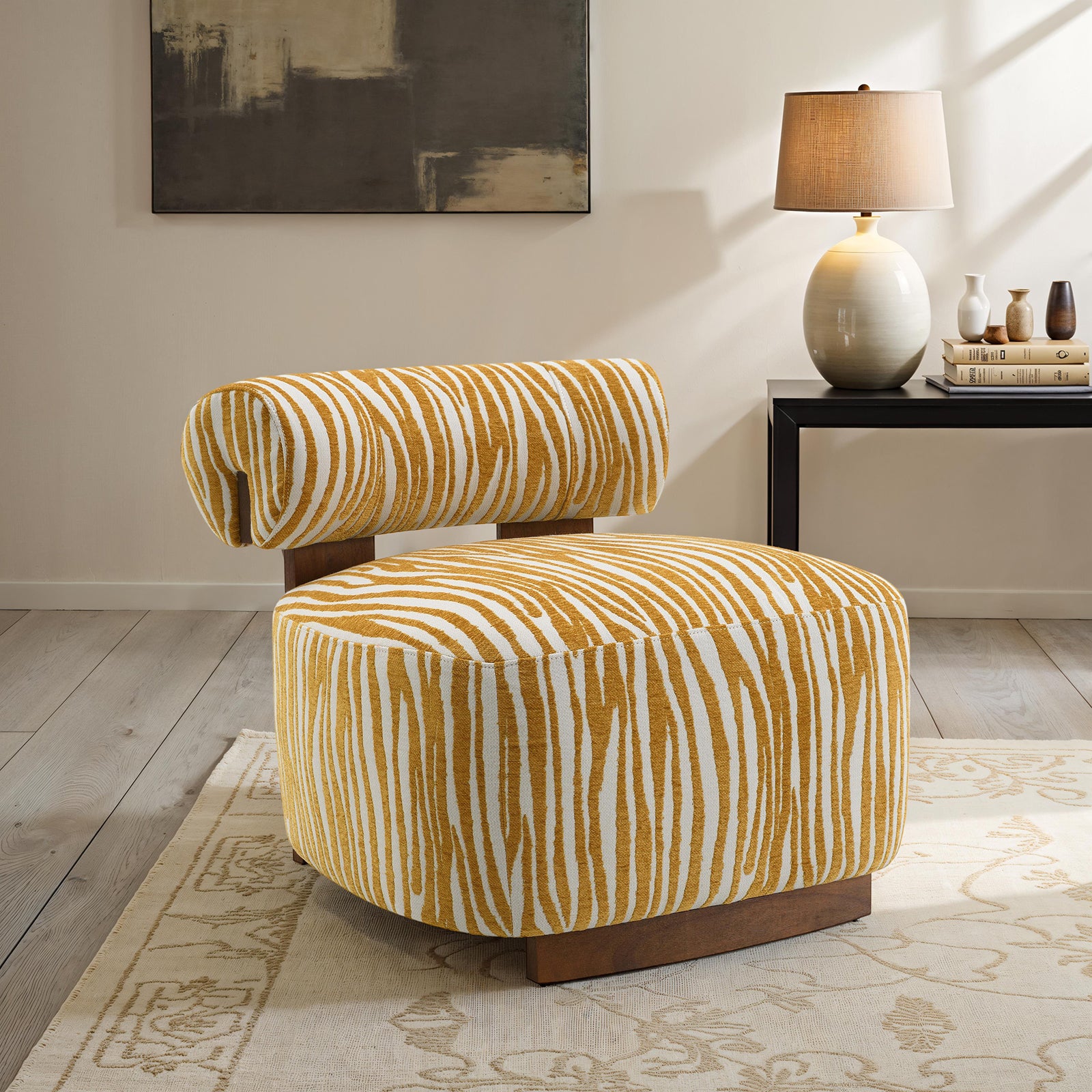 Contemporary Style 1pc Accent Chair Cylindrical Backrest High Density Foam Zebra Strip Fabric Yellow Finish Primary Living Room Accent Chair