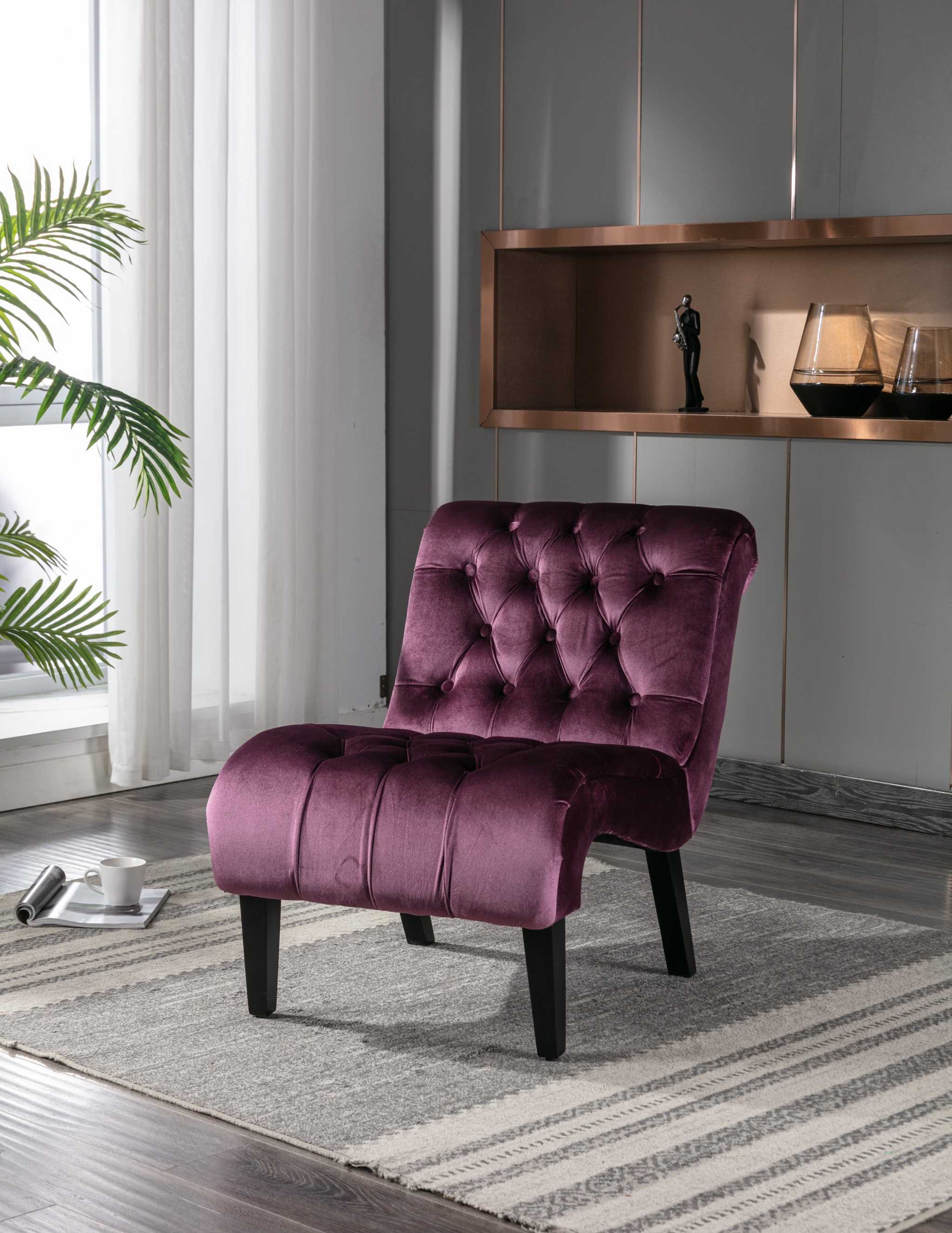 COOLMORE Modern Velvet Armless Accent Living Room Chair / Leisure Chair,Upholstered Fabric Button Comfortable Chair with Wooden Legs for Bedroom, Living Room, Office (Purple Velvet)