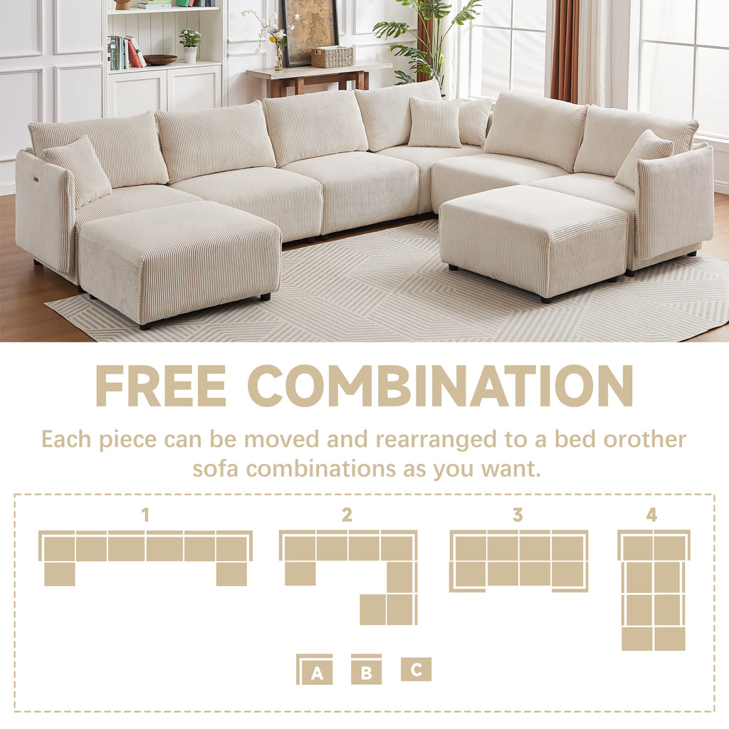 Multi-Module Combination Style Sofa for Living Room, Bedroom and Other Lounge Spaces, Modern Minimalist Corduroy Combination Sofa with 2 Comfort Cushions with USB & C Charging Ports,beige,two sets
