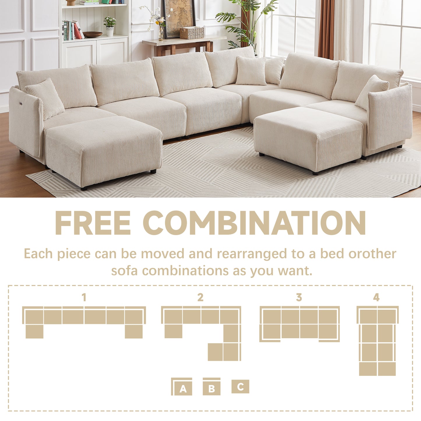 Multi-Module Combination Style Sofa for Living Room, Bedroom and Other Lounge Spaces, Modern Minimalist Corduroy Combination Sofa with 2 Comfort Cushions with USB & C Charging Ports,beige,two sets