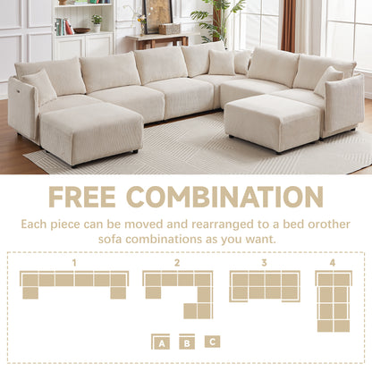 Multi-Module Combination Style Sofa for Living Room, Bedroom and Other Lounge Spaces, Modern Minimalist Corduroy Combination Sofa with 2 Comfort Cushions with USB & C Charging Ports,beige,two sets
