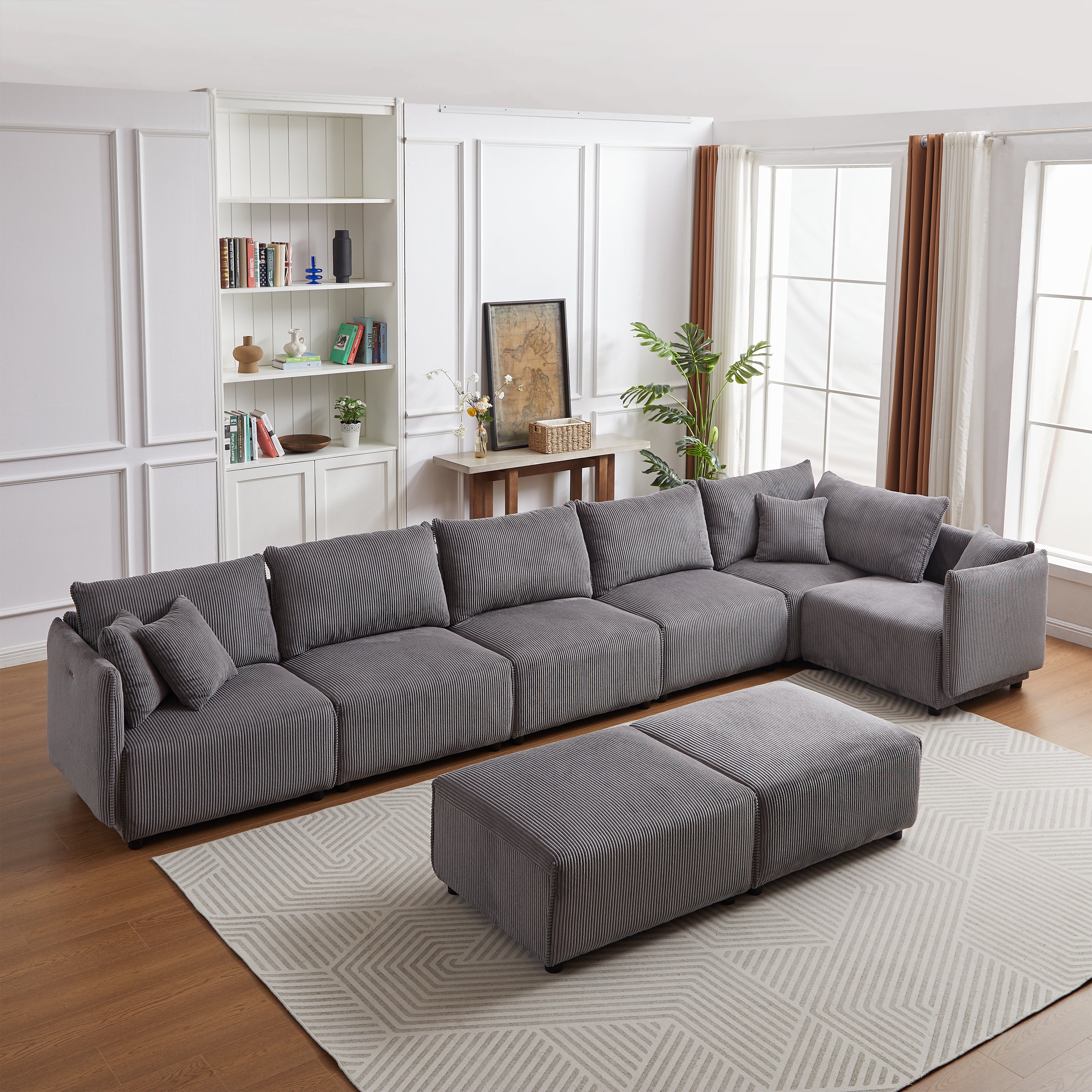 Multi-Module Combination Style Modern Minimalist Corduroy Sofa with 2 Comfort Cushions and USB & C Charging Ports for Living Room