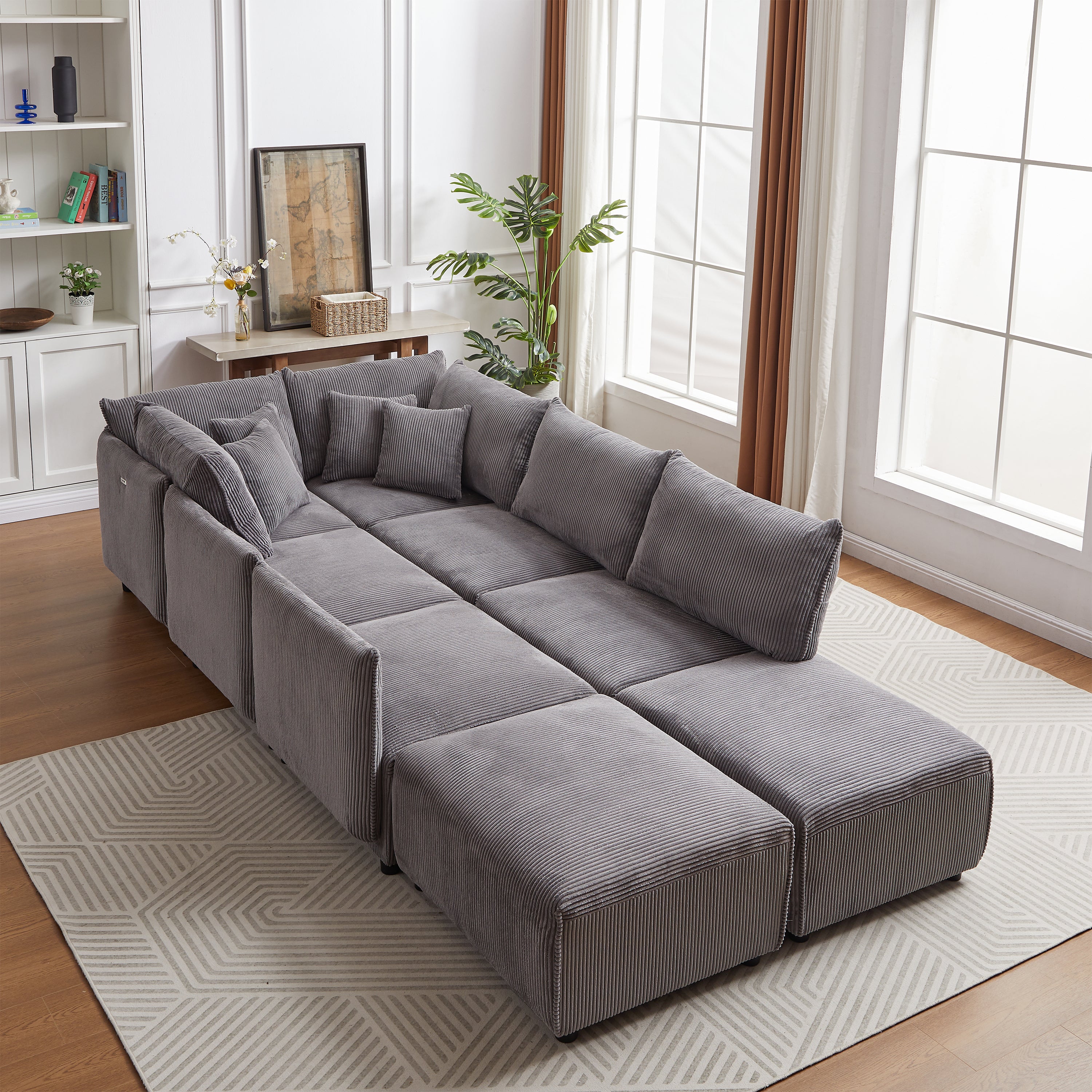 Multi-Module Combination Style Modern Minimalist Corduroy Sofa with 2 Comfort Cushions and USB & C Charging Ports for Living Room