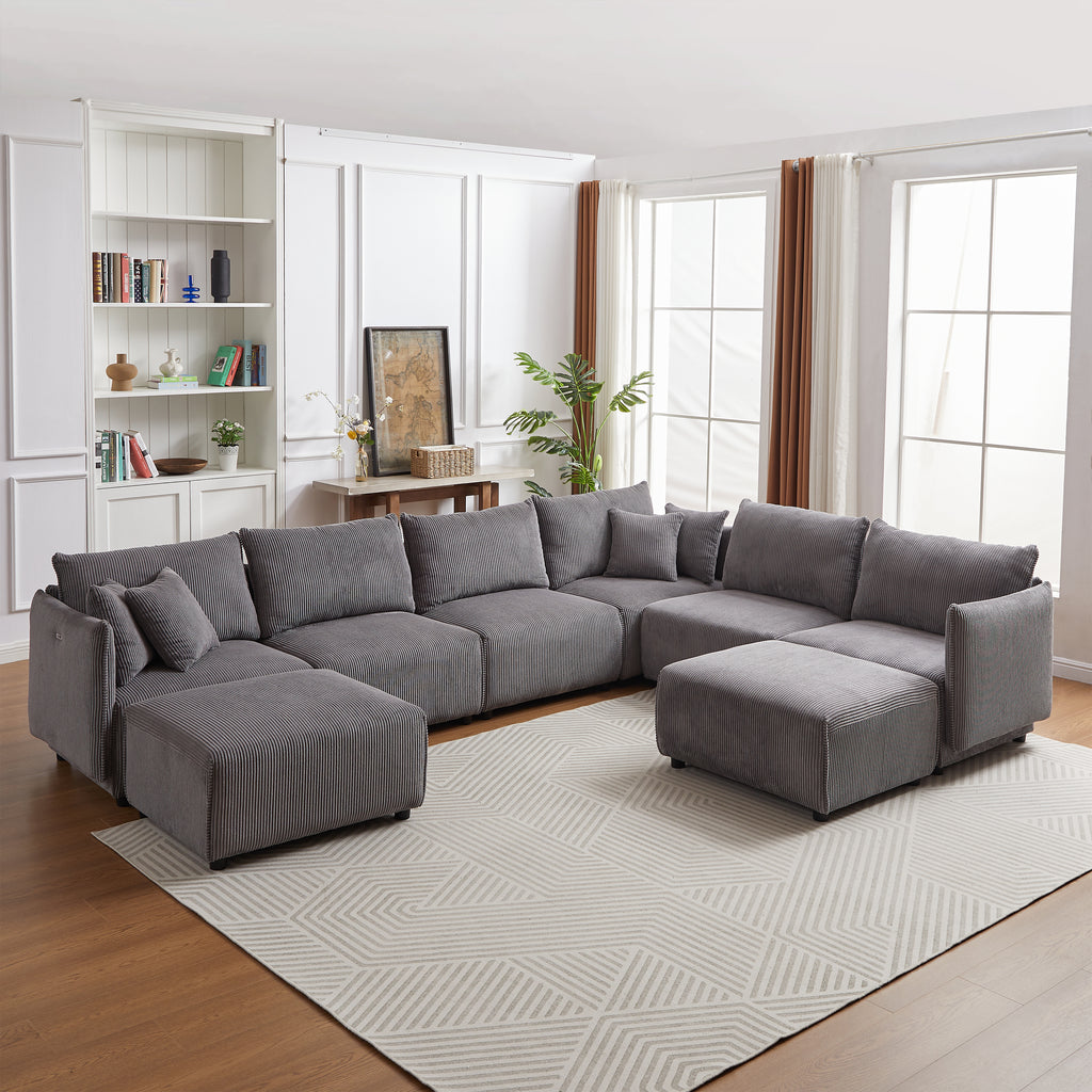Multi-Module Combination Style Modern Minimalist Corduroy Sofa with 2 Comfort Cushions and USB & C Charging Ports for Living Room