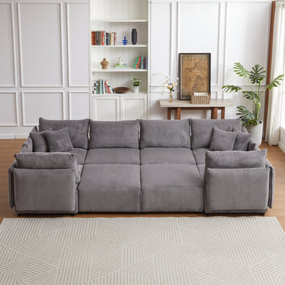 Multi-Module Combination Style Modern Minimalist Corduroy Sofa with 2 Comfort Cushions and USB & C Charging Ports for Living Room
