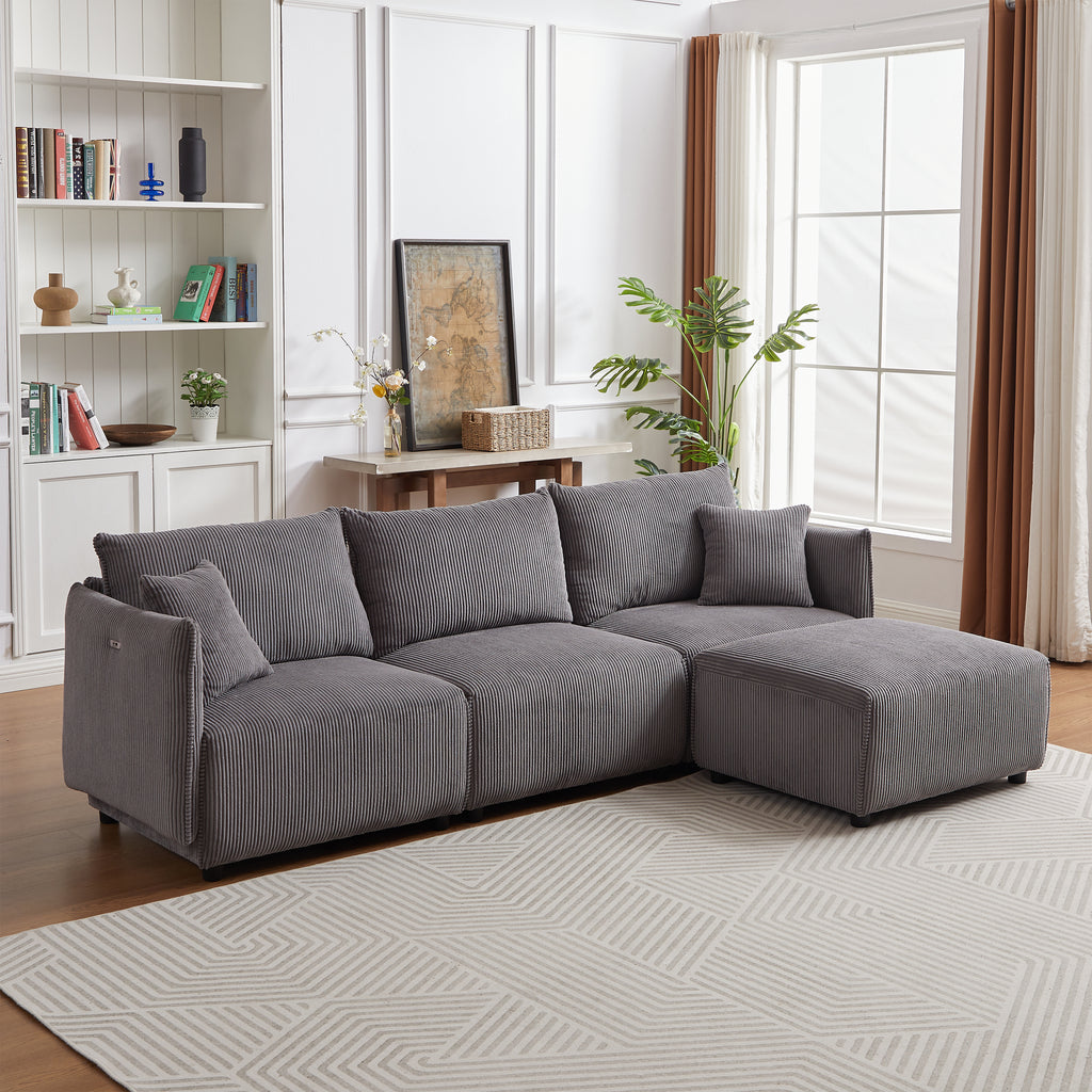 Multi-Module Combination Style Modern Minimalist Corduroy Sofa with 2 Comfort Cushions and USB & C Charging Ports for Living Room