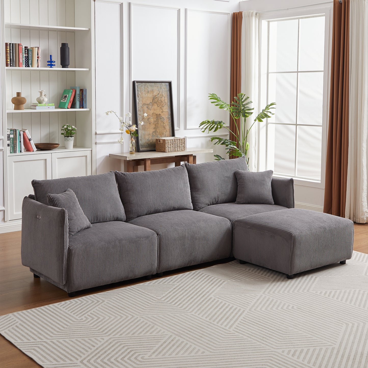 Multi-Module Combination Style Modern Minimalist Corduroy Sofa with 2 Comfort Cushions and USB & C Charging Ports for Living Room
