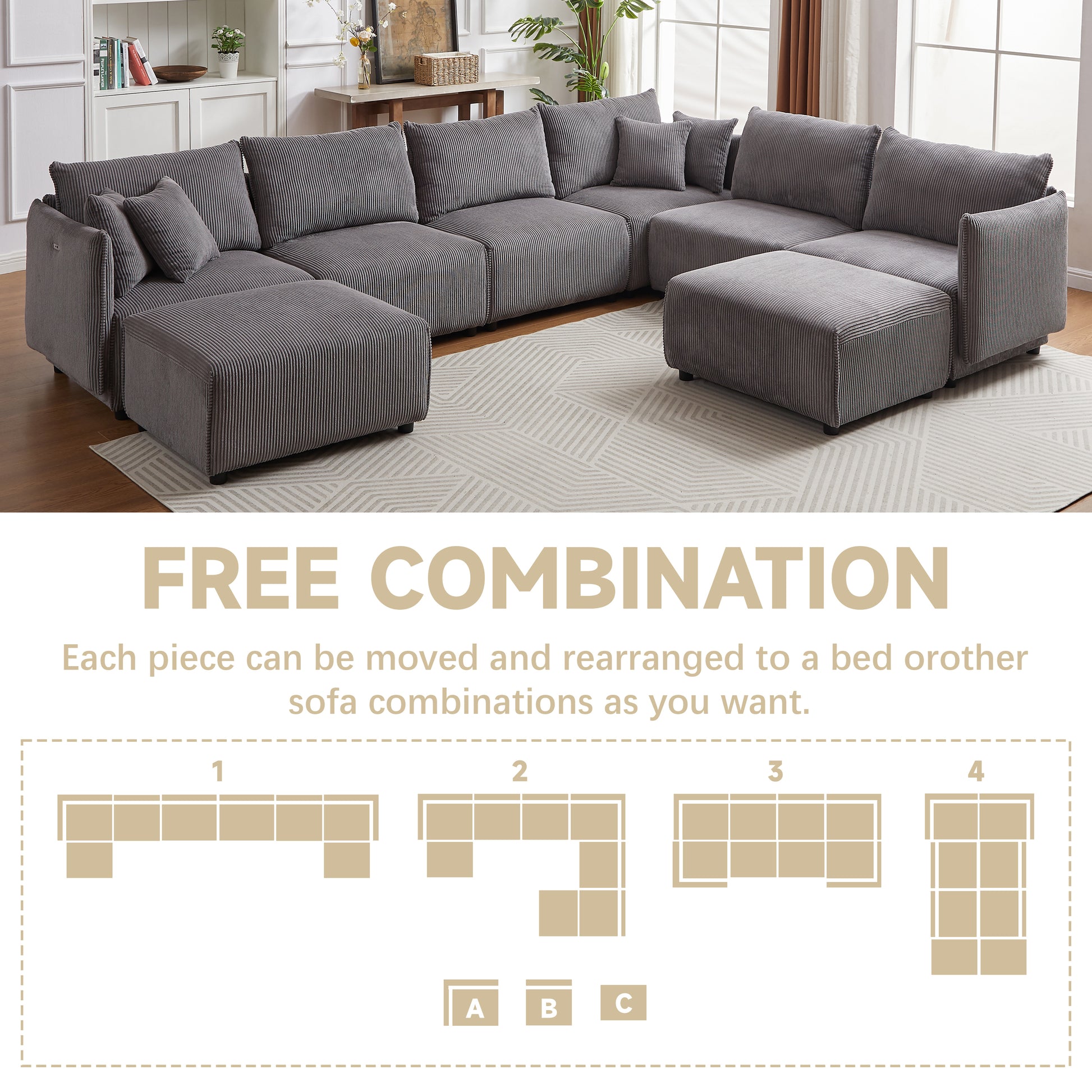 Multi-Module Combination Style Modern Minimalist Corduroy Sofa with 2 Comfort Cushions and USB & C Charging Ports for Living Room