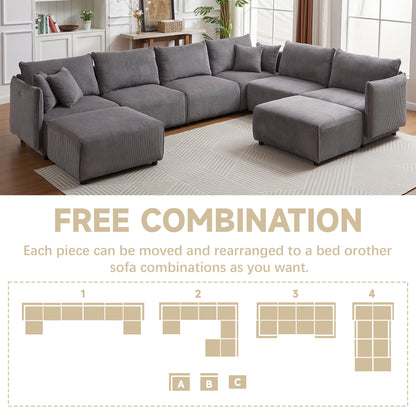Multi-Module Combination Style Modern Minimalist Corduroy Sofa with 2 Comfort Cushions and USB & C Charging Ports for Living Room