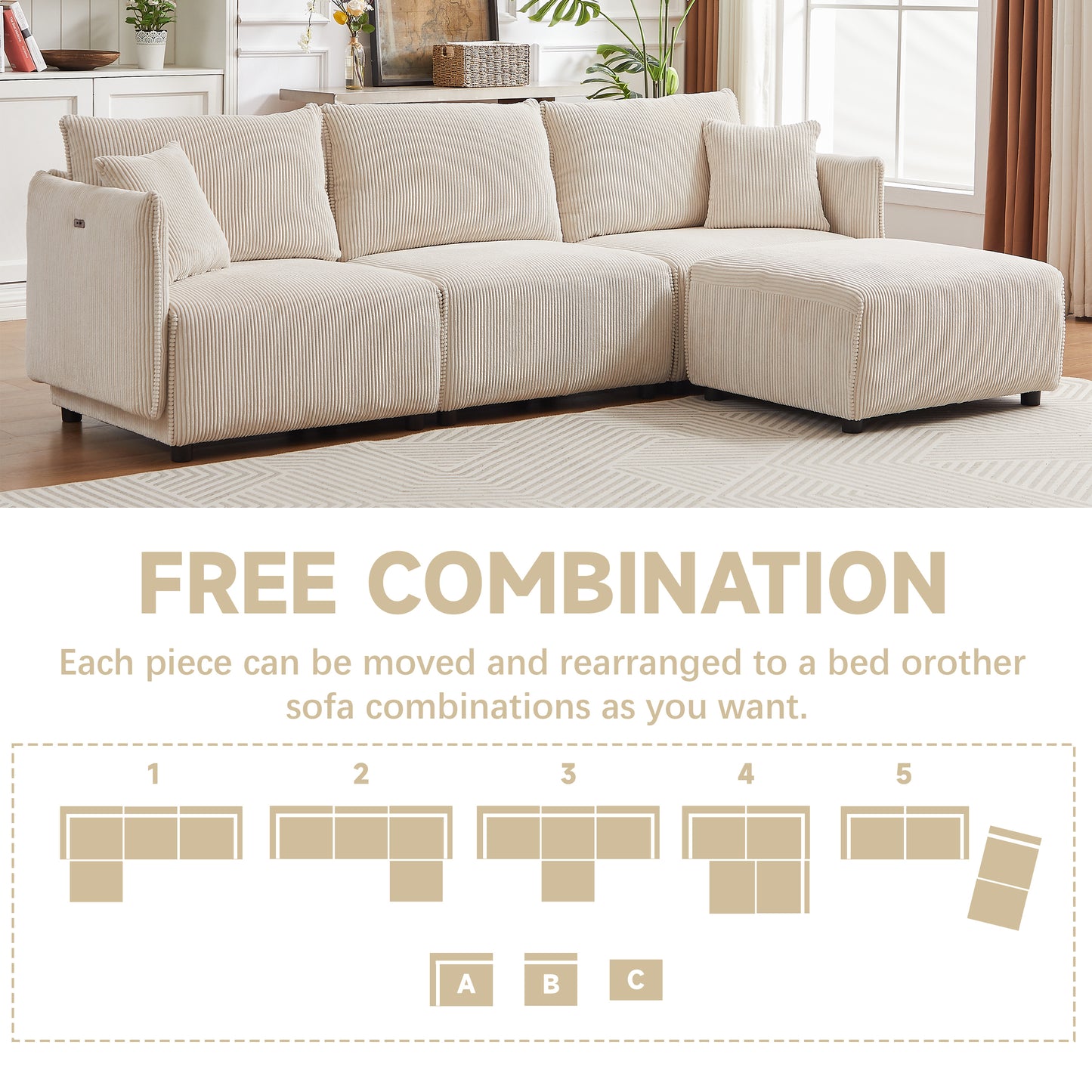 Multi-Module Combination Style Modern Minimalist Corduroy Sofa with 2 Comfort Cushions and USB & C Charging Ports for Living Room