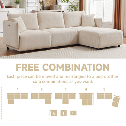 Multi-Module Combination Style Modern Minimalist Corduroy Sofa with 2 Comfort Cushions and USB & C Charging Ports for Living Room