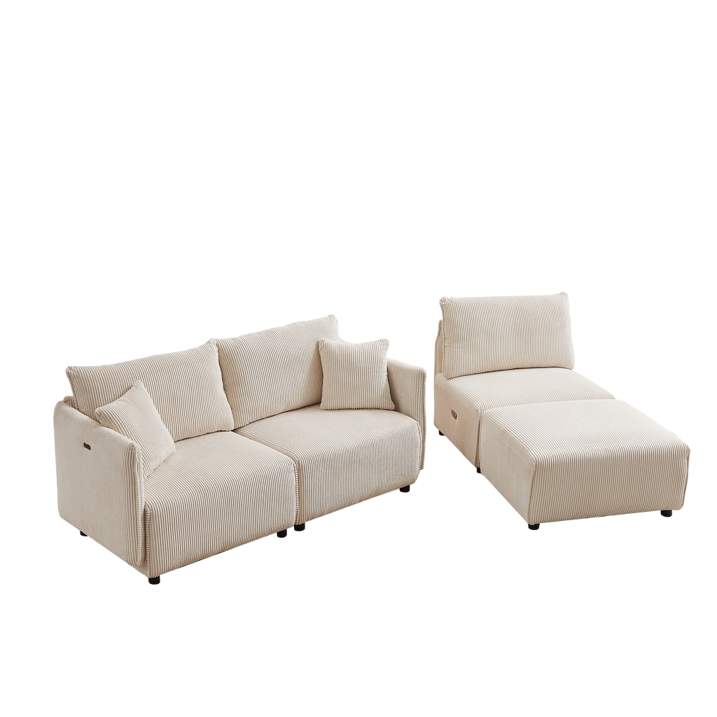 Multi-Module Combination Style Modern Minimalist Corduroy Sofa with 2 Comfort Cushions and USB & C Charging Ports for Living Room