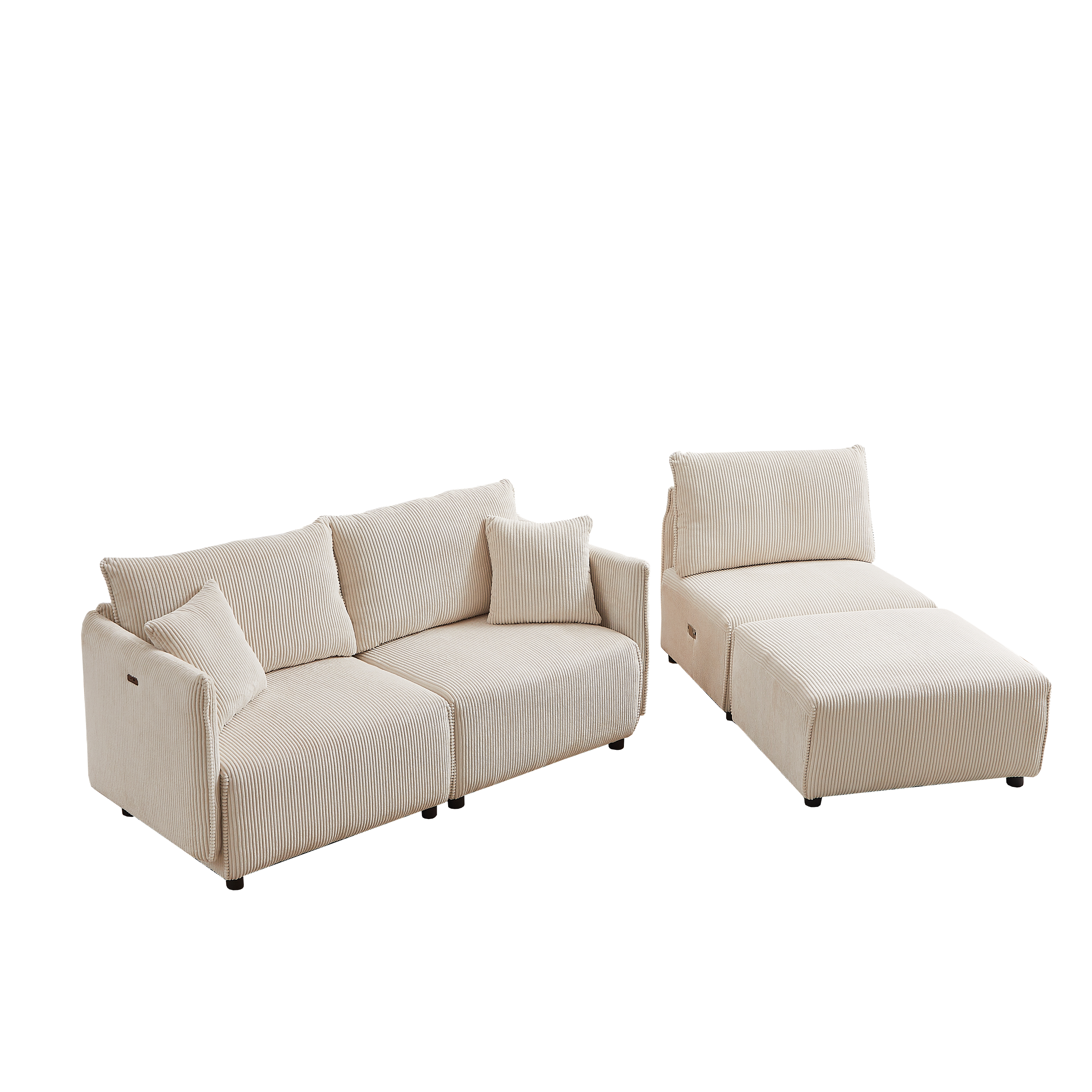 Multi-Module Combination Style Modern Minimalist Corduroy Sofa with 2 Comfort Cushions and USB & C Charging Ports for Living Room