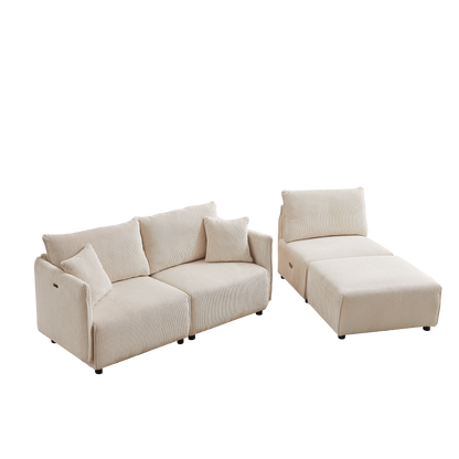 Multi-Module Combination Style Modern Minimalist Corduroy Sofa with 2 Comfort Cushions and USB & C Charging Ports for Living Room