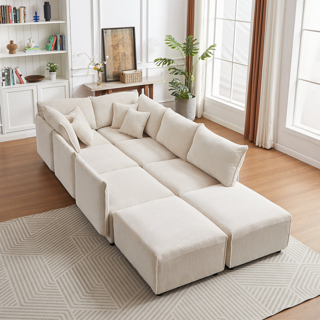 Multi-Module Combination Style Sofa for Living Room, Bedroom and Other Lounge Spaces, Modern Minimalist Corduroy Combination Sofa with 2 Comfort Cushions with USB & C Charging Ports,beige,two sets
