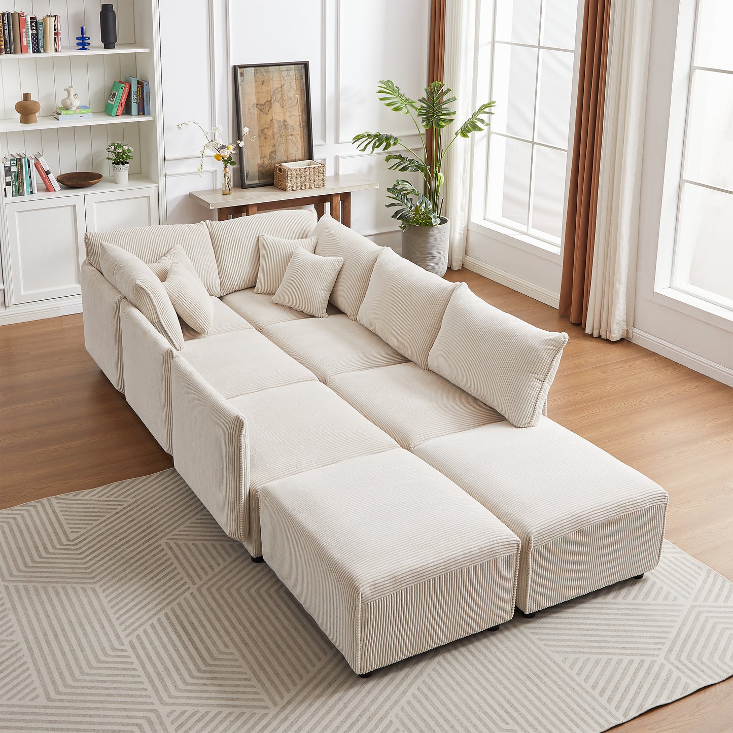 Multi-Module Combination Style Sofa for Living Room, Bedroom and Other Lounge Spaces, Modern Minimalist Corduroy Combination Sofa with 2 Comfort Cushions with USB & C Charging Ports,beige,two sets